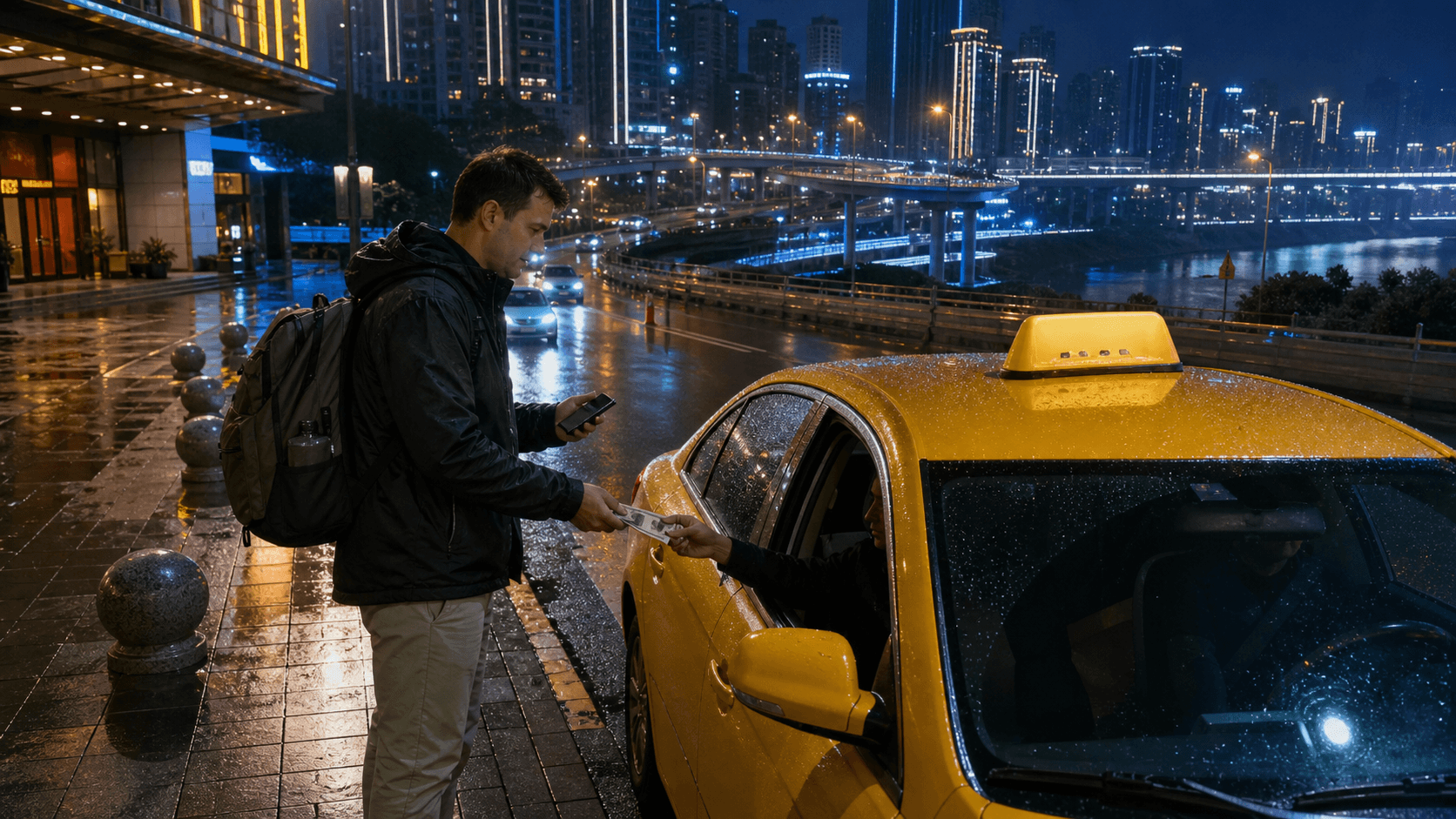 Foreign traveler confirming payment beside a taxi on a rainy Chongqing night