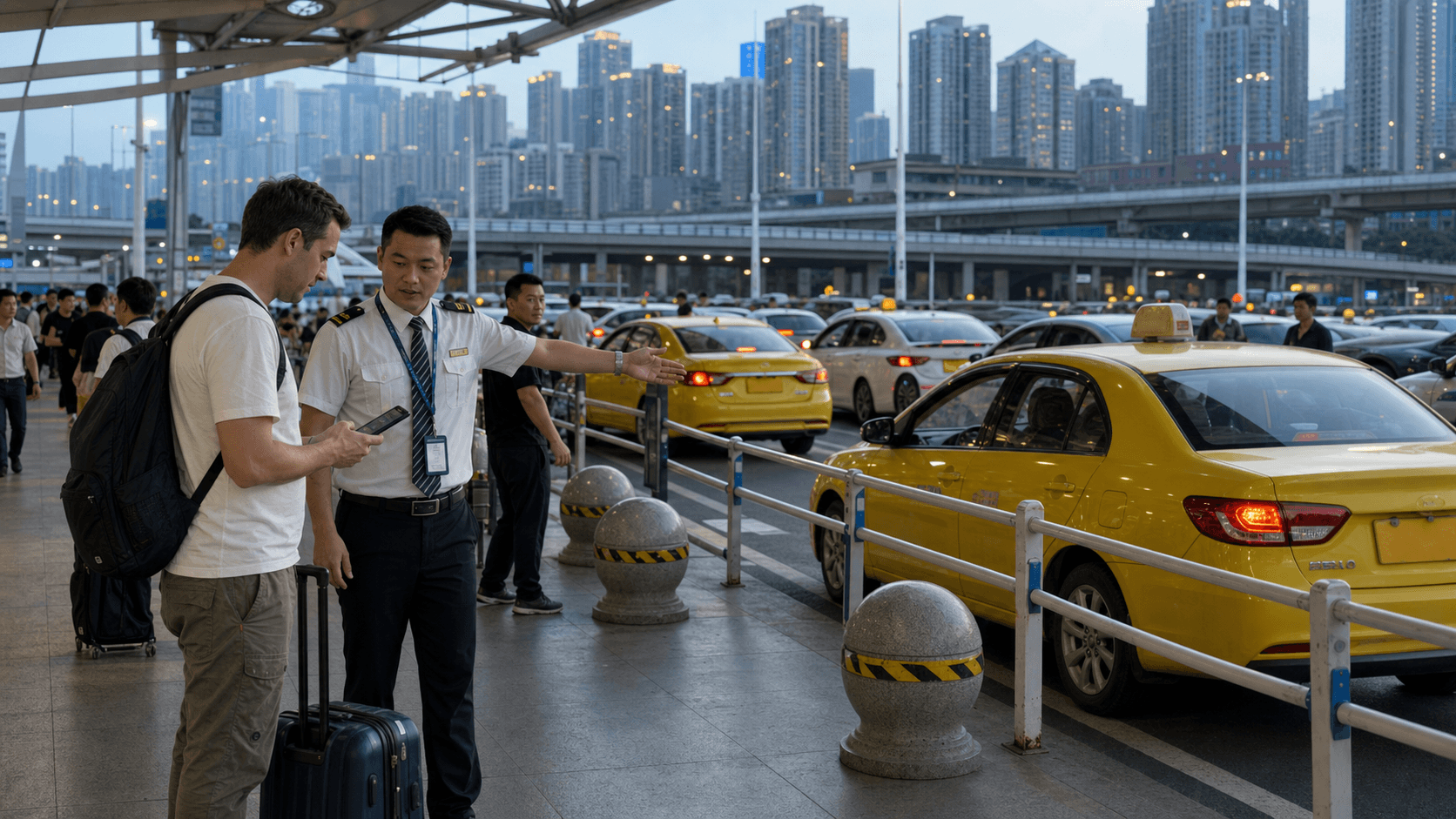 Foreign visitor asking transport staff about a managed taxi queue at a Chongqing transport hub