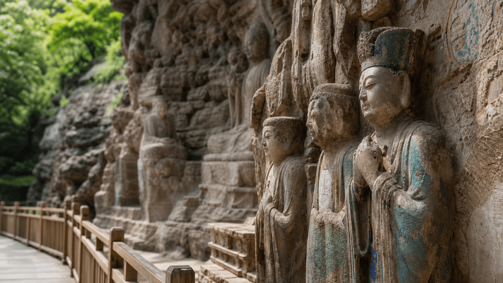 Close conservation detail of weathered cliff figures behind a protective visitor boundary