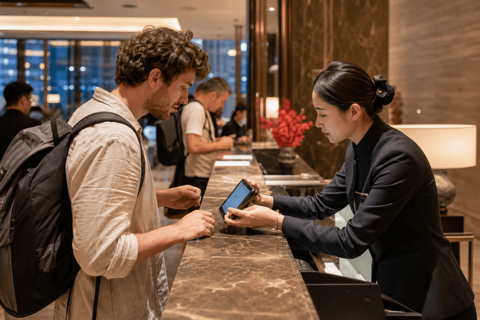Suasana check-in kaunter hadapan dengan alat terjemahan