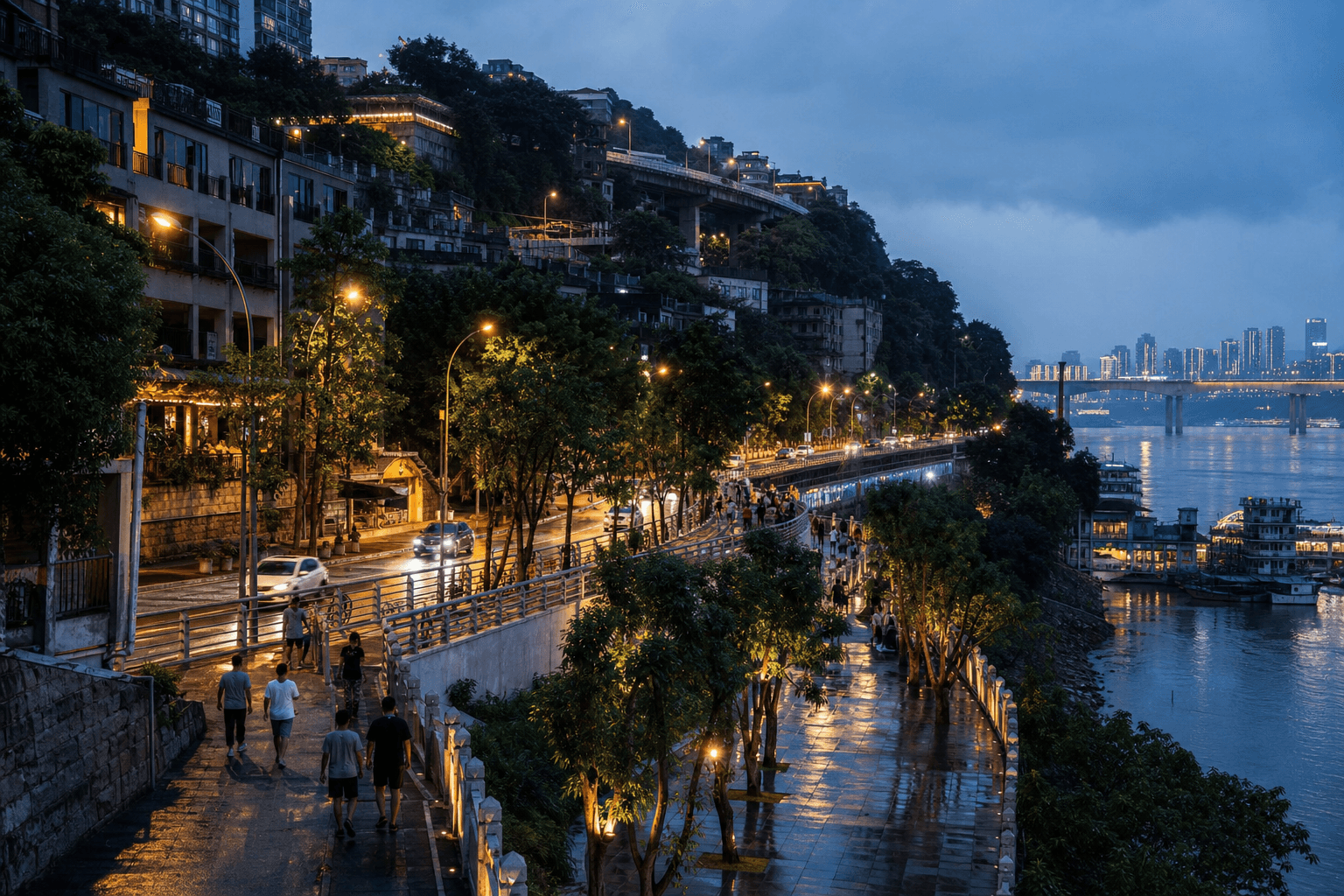 Suasana malam river-road yang lebih tenang di Yuzhong