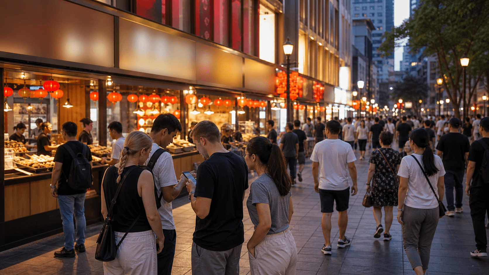 Evening Bayi Road snack street near Jiefangbei with foreign visitors checking food options