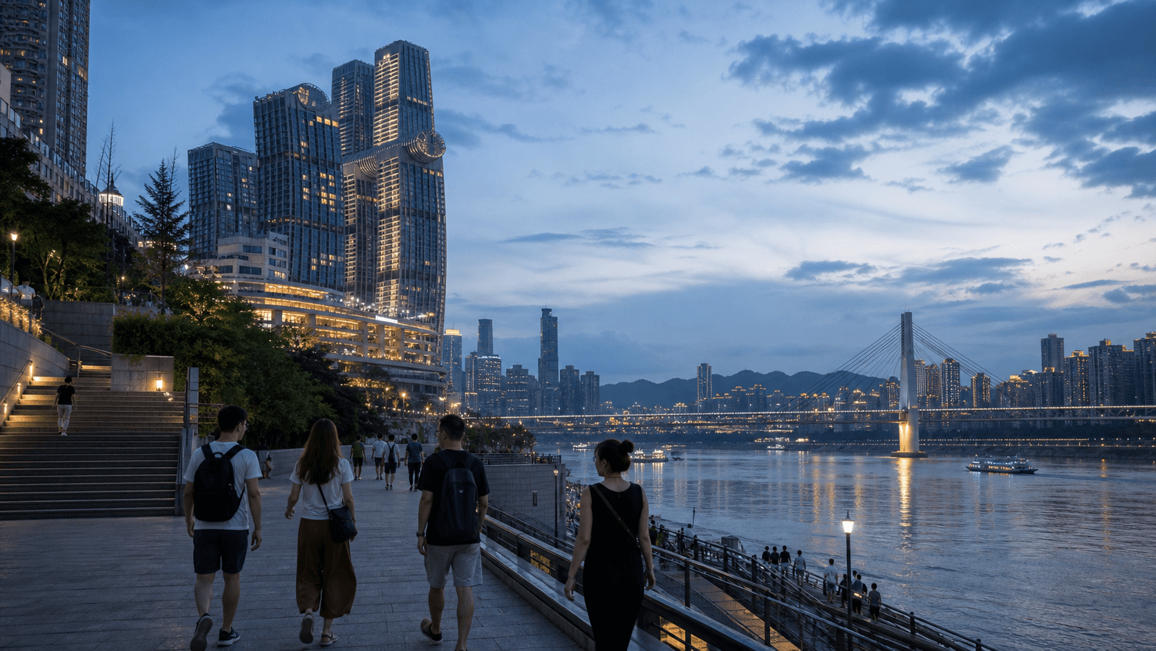 Blue-hour Chongqing riverfront walk near Jiefangbei, Raffles City and Chaotianmen