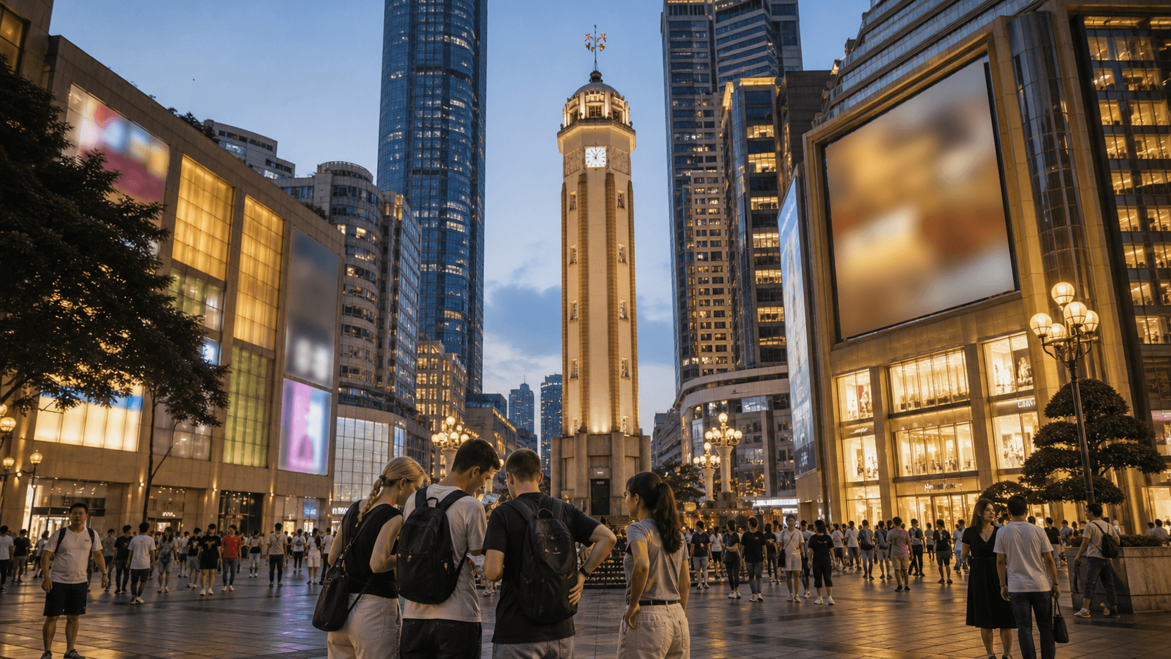 Foreign visitors using Jiefangbei monument as a central Chongqing meeting point at dusk