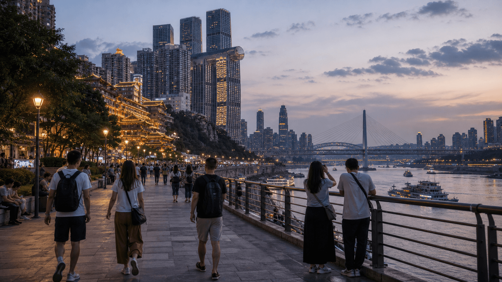 Safe dusk riverfront path from Chaotianmen toward the Hongya Cave and Qiansimen direction