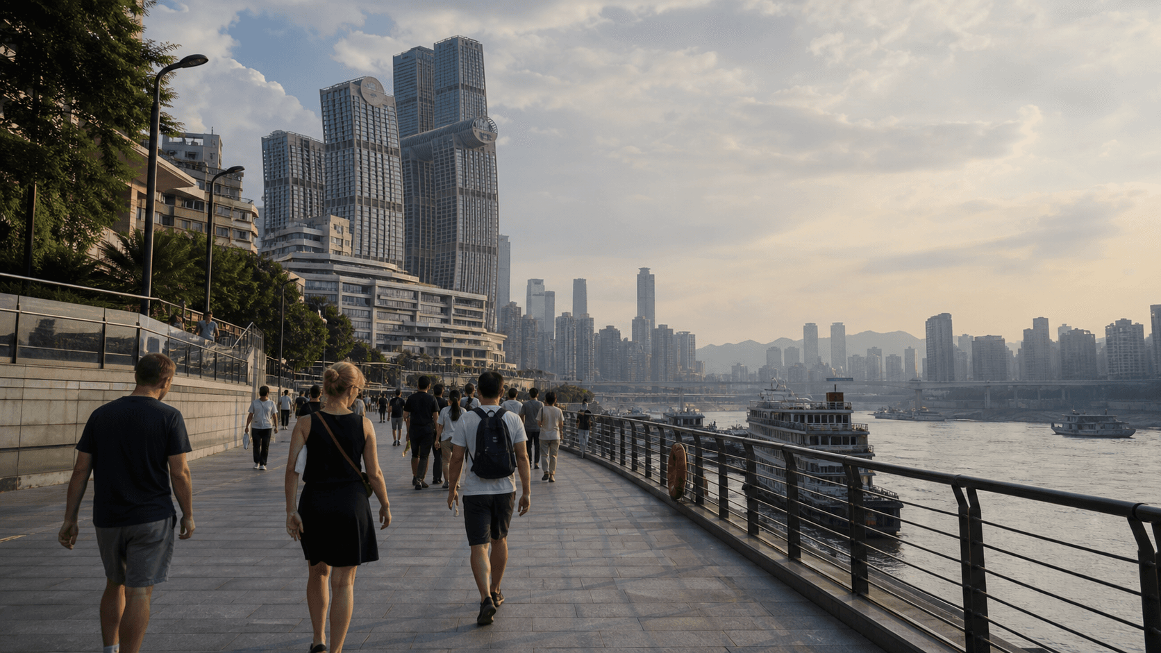 Chaotianmen riverfront near Raffles City with safe walking railings and Chongqing skyline layers
