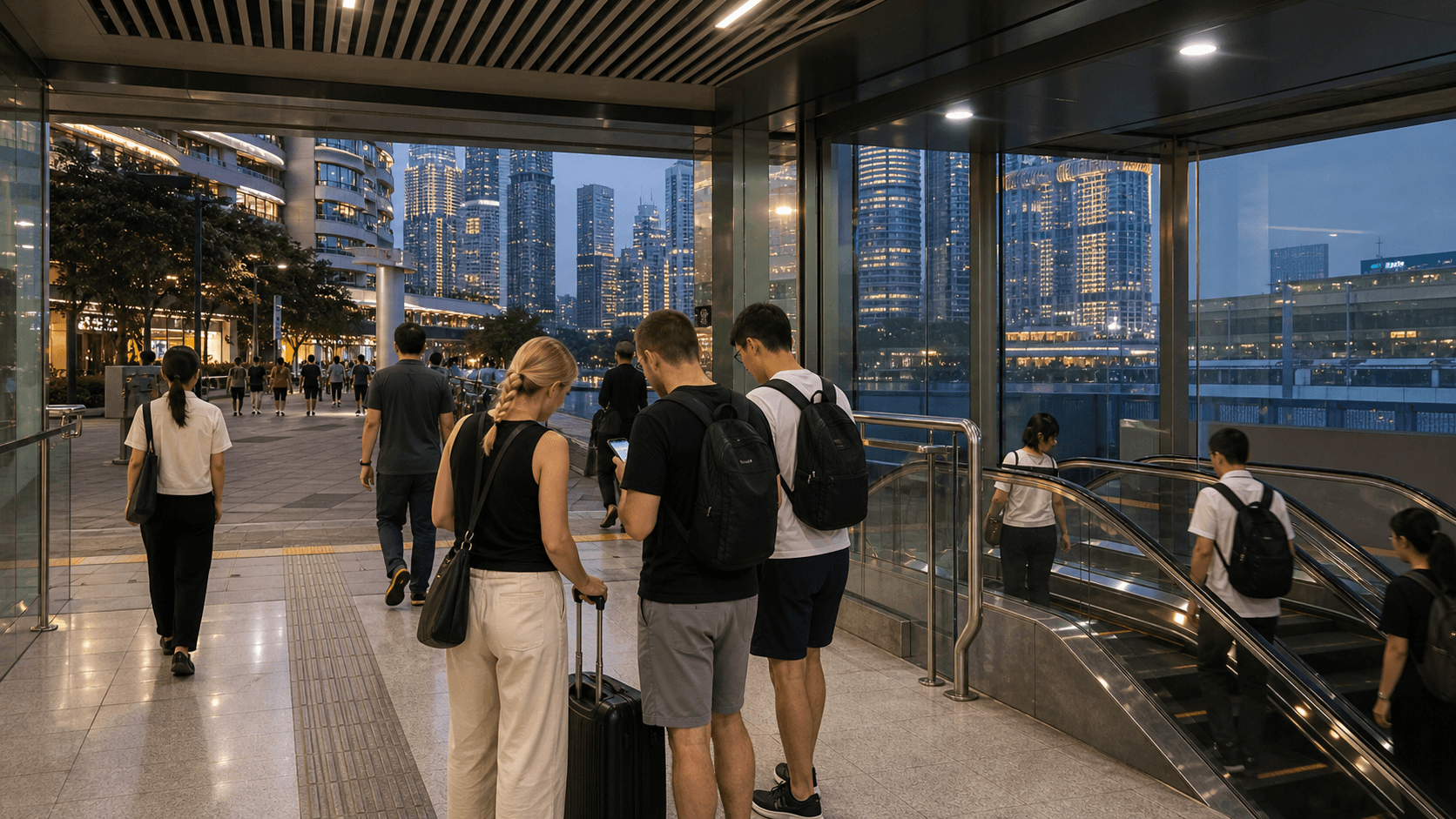 Visitors approaching the Chaotianmen and Raffles City area from a metro-connected entrance
