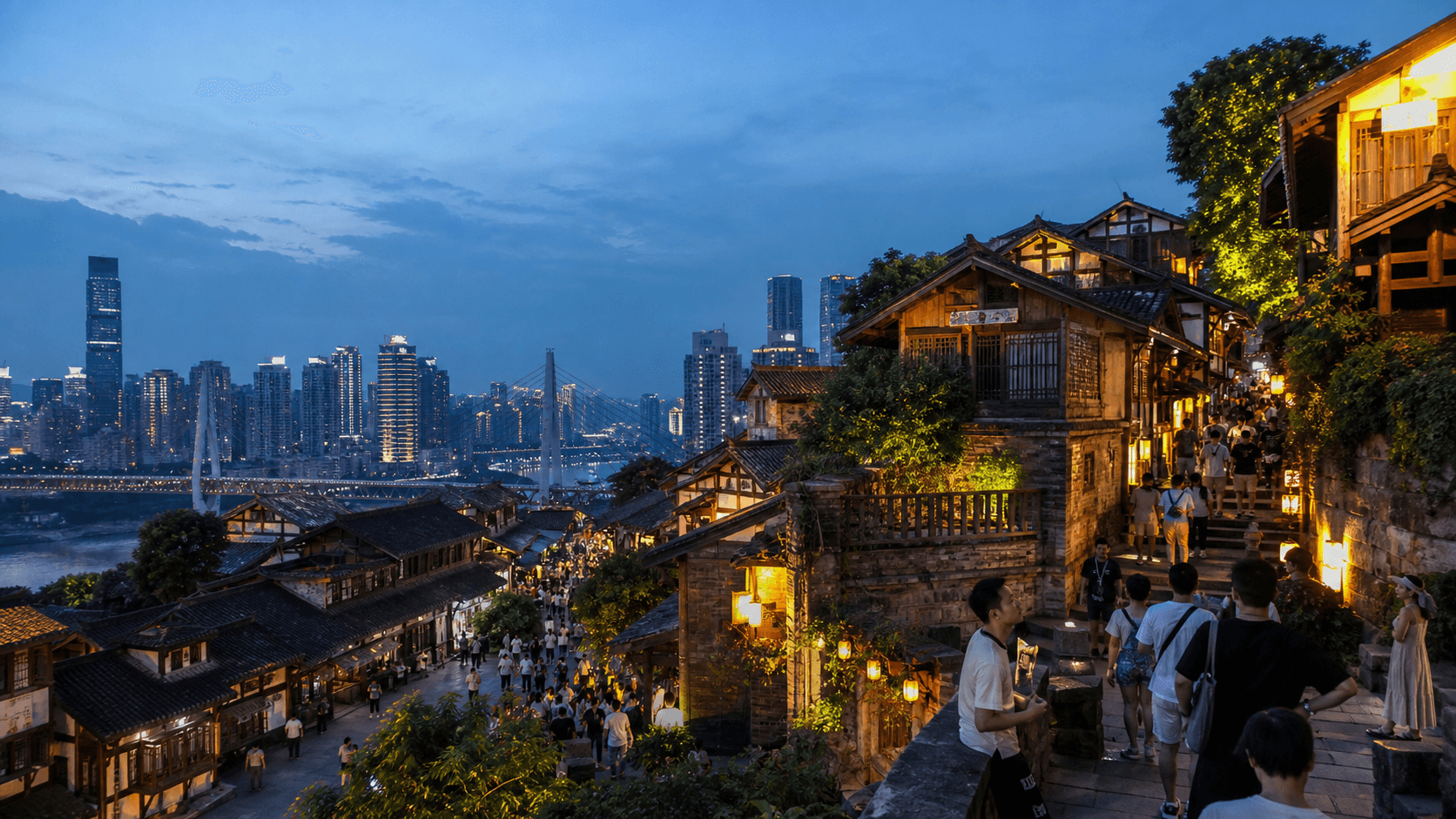 Shibati old street in Chongqing at blue hour with layered stairs and Yuzhong skyline