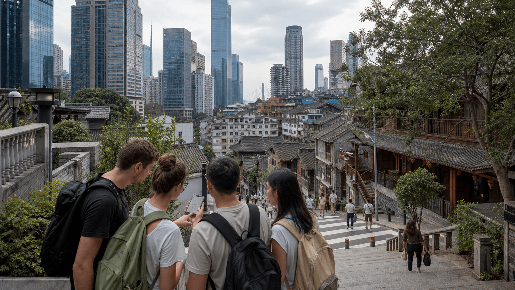 Foreign visitors walking from central Yuzhong toward Shibati with old roofs below high-rises