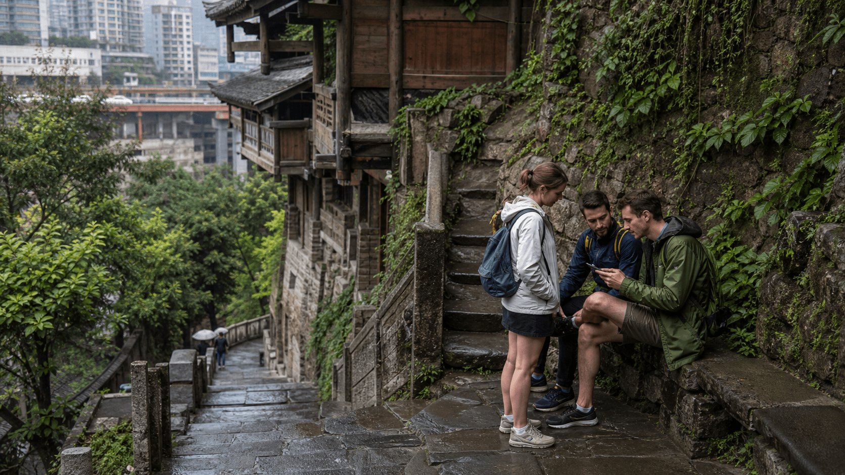 Stone steps and railings on a Chongqing mountain-city trail near Shibati