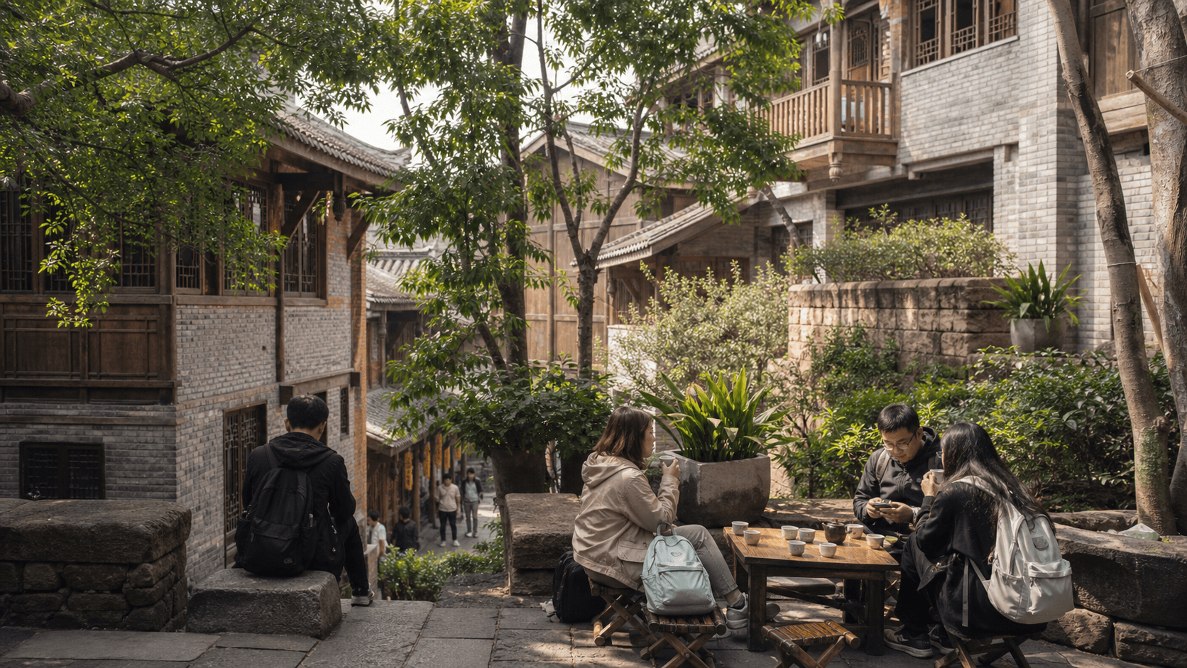 Courtyard rest stop inside Shibati old street with tea and backpacks