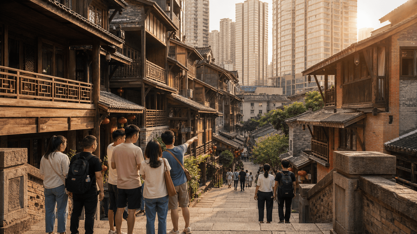 Visitors entering Shibati through layered old-street stairs in central Chongqing