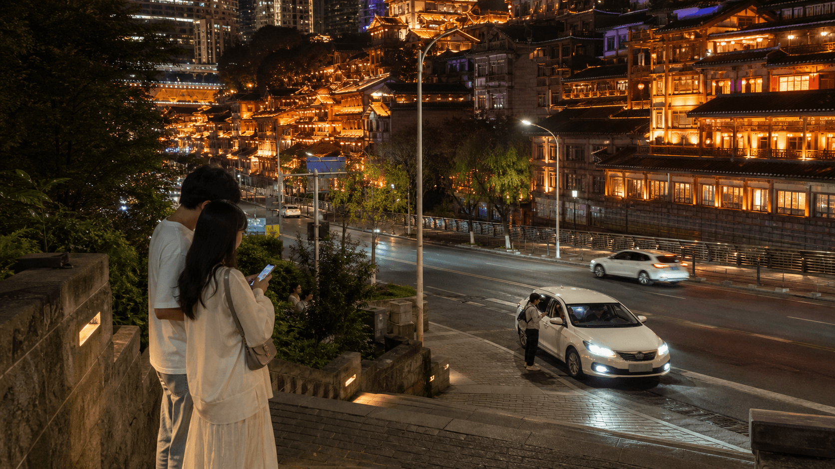 Evening exit from Shibati with a safe road-level taxi pickup scene