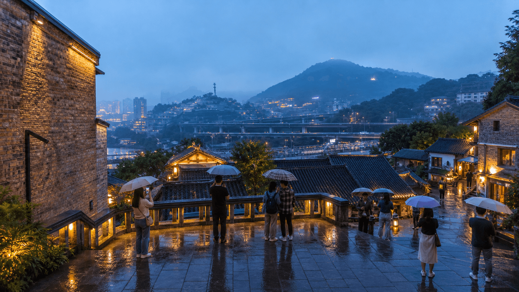 Xiahaoli Old Street in Chongqing after rain at blue hour, with hillside roofs and warm lights