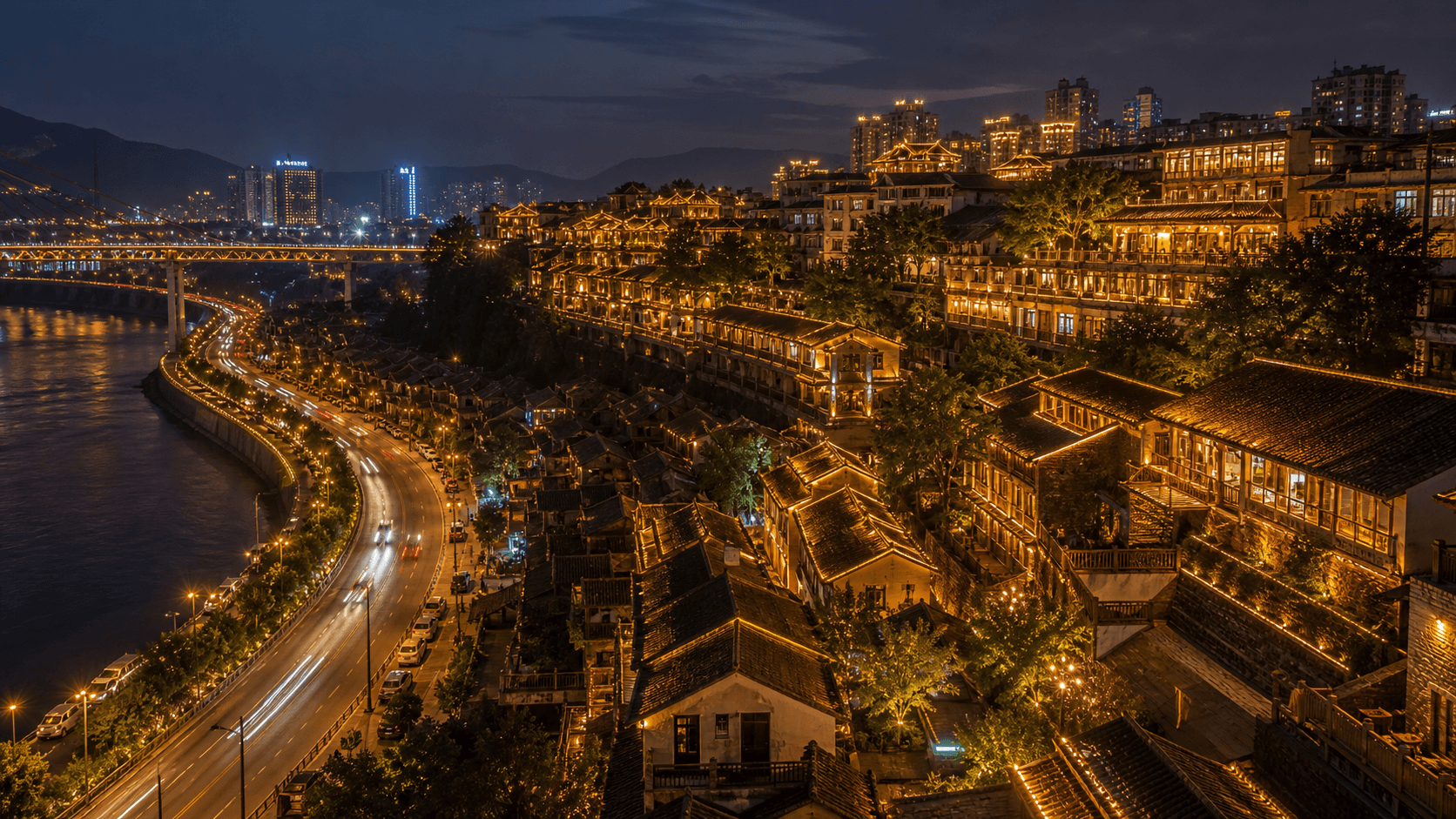 Longmenhao and Xiahaoli old street overview at night above Nanbin Road in Chongqing