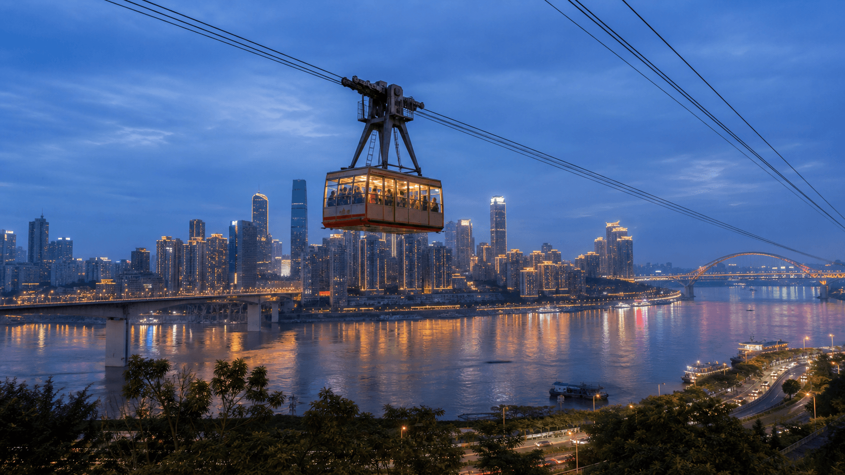 Yangtze River Cableway crossing above the river at blue hour in Chongqing
