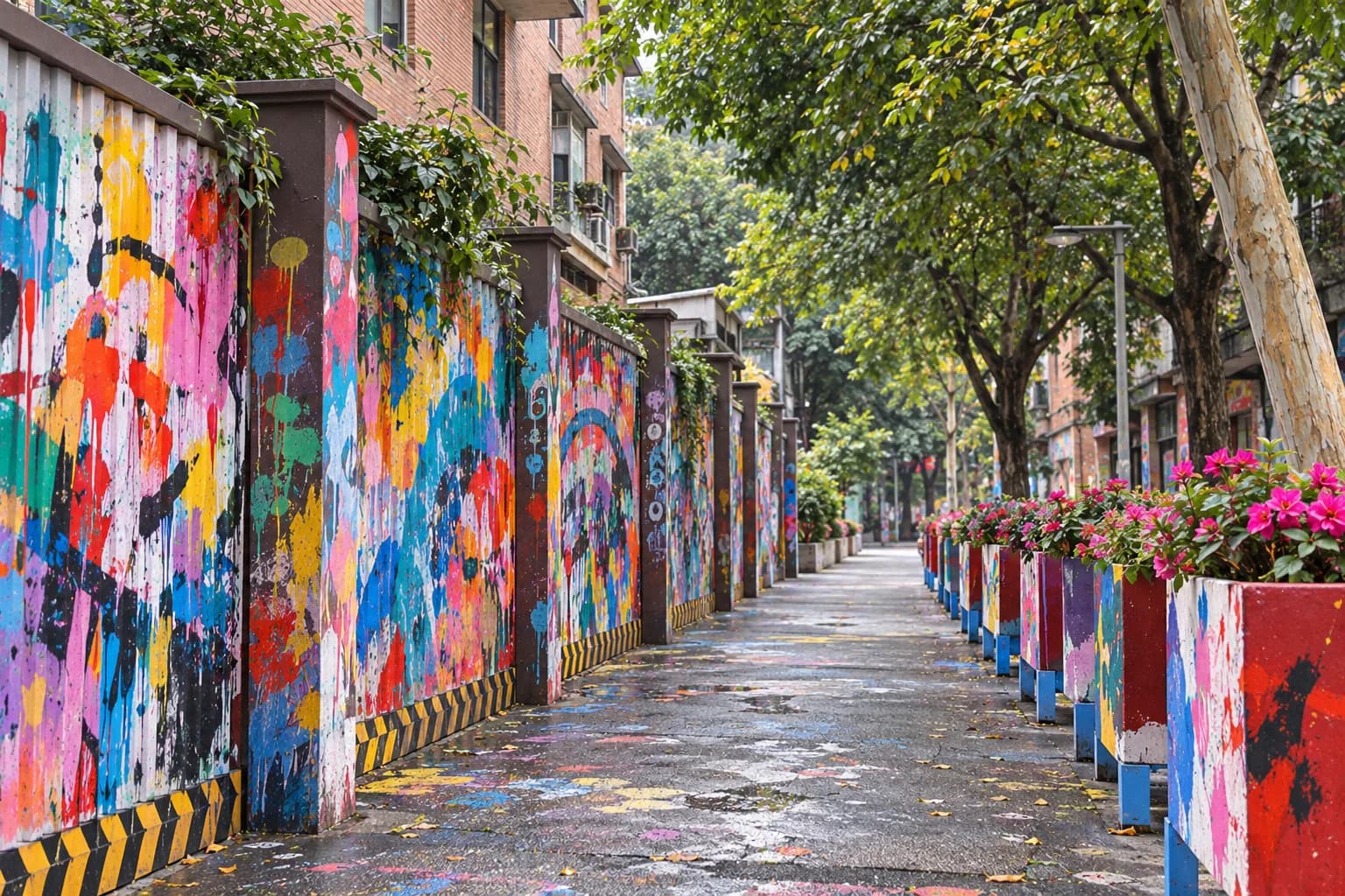 Pandangan AI berasaskan rujukan lama bagi lorong berpokok dengan pagar dan pasu bercat warna-warni di Huangjueping.