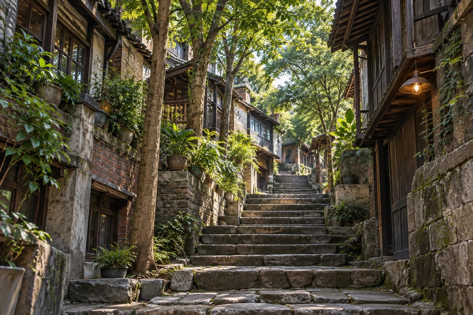 Ilustrasi AI berasaskan foto lama bagi lorong bertangga berdaun rimbun antara bangunan bata dan kayu di Longmenhao.