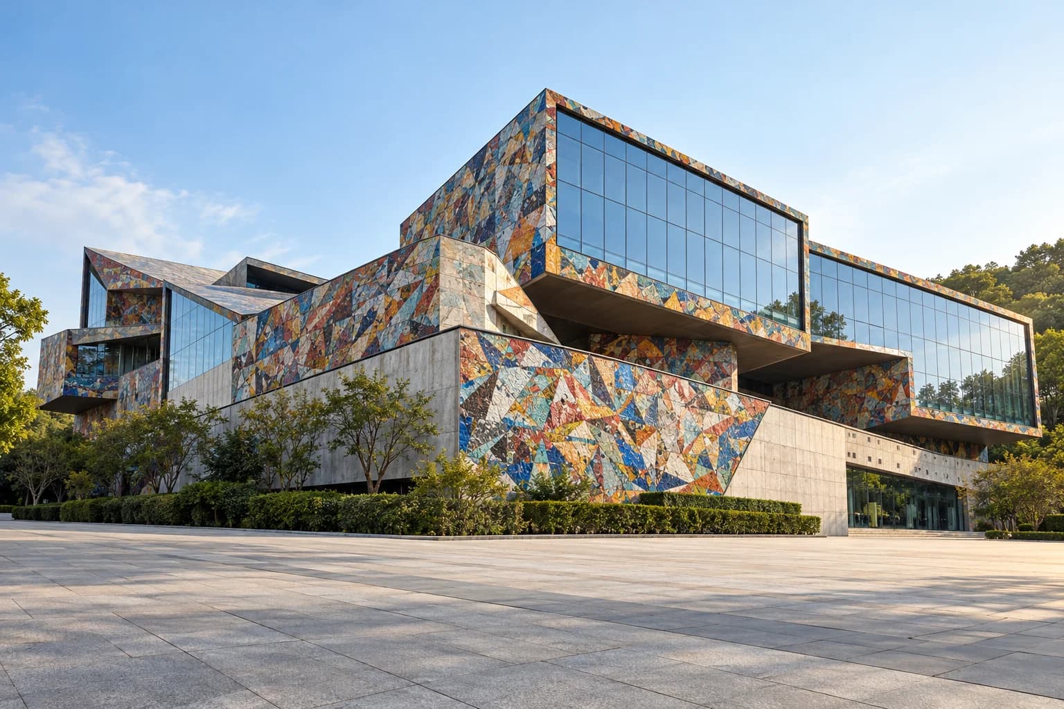 Tampilan arsitektur dekat permukaan mosaik dan kaca museum Huxi yang dihasilkan AI.