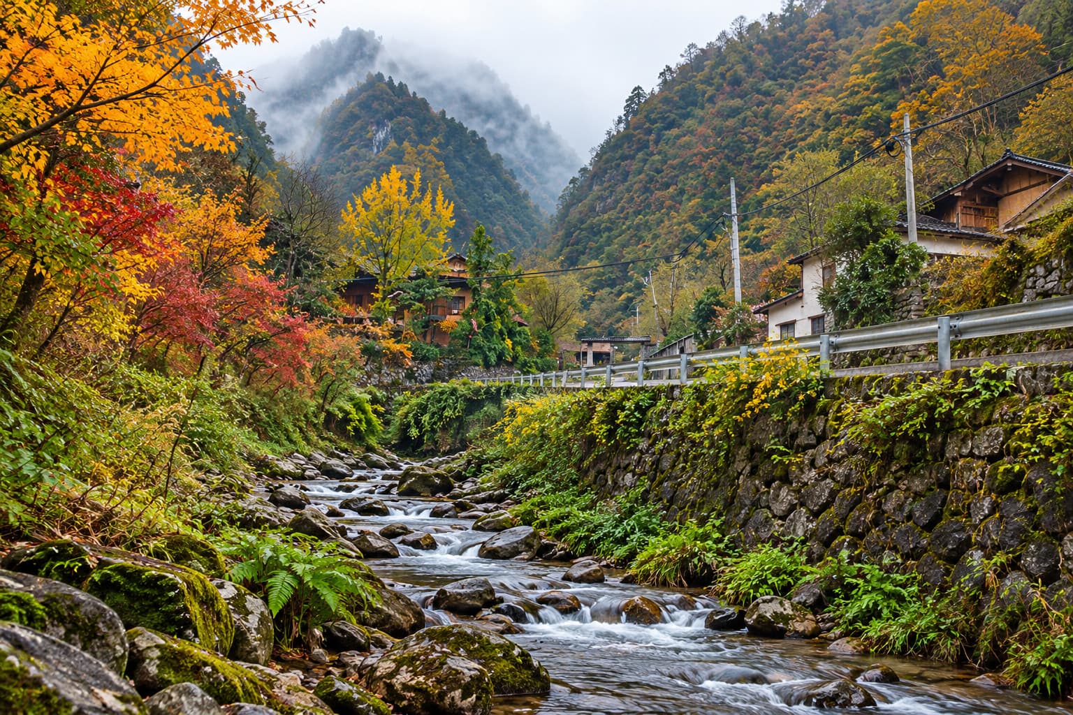 根據歷史照片生成的 AI 插畫。東安山鎮溪流與普通道路環境;這是另一處地點背景。