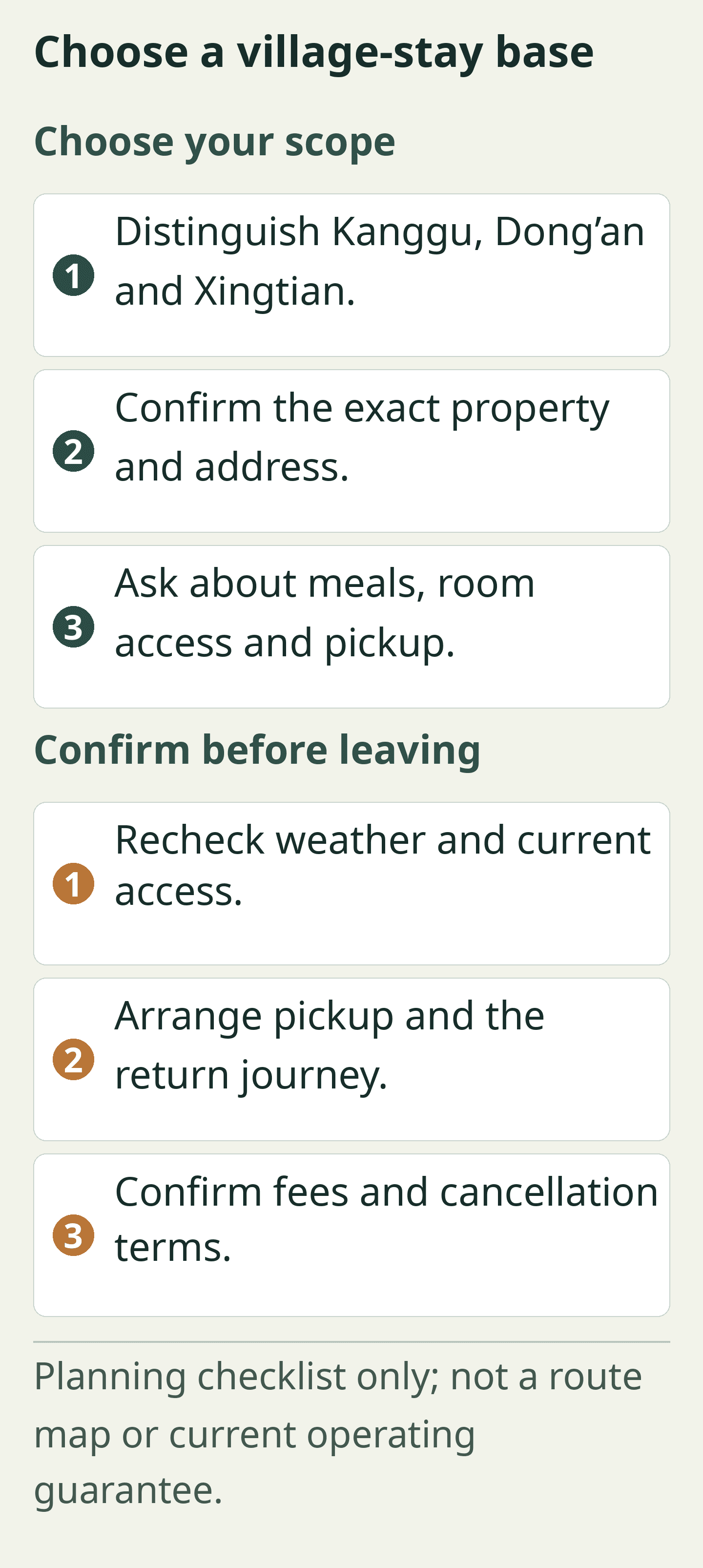 Choose a village-stay base. Planning checklist only; not a route map or current operating guarantee.
