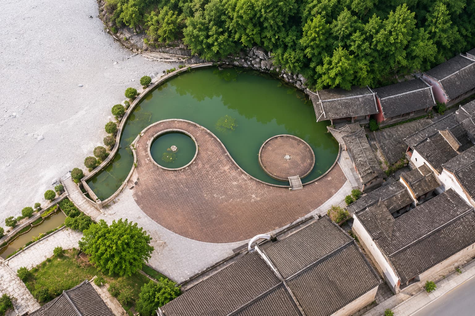 AI illustration of a curved green pond and complementary paved court beside tiled roofs at Chiyou Jiuli City