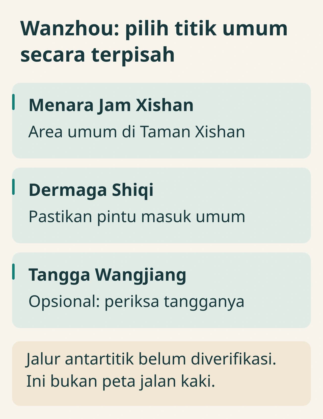 Pilihan terpisah Menara Jam Xishan, Dermaga Shiqi, dan tangga Wangjiang opsional, tanpa garis penghubung rute.