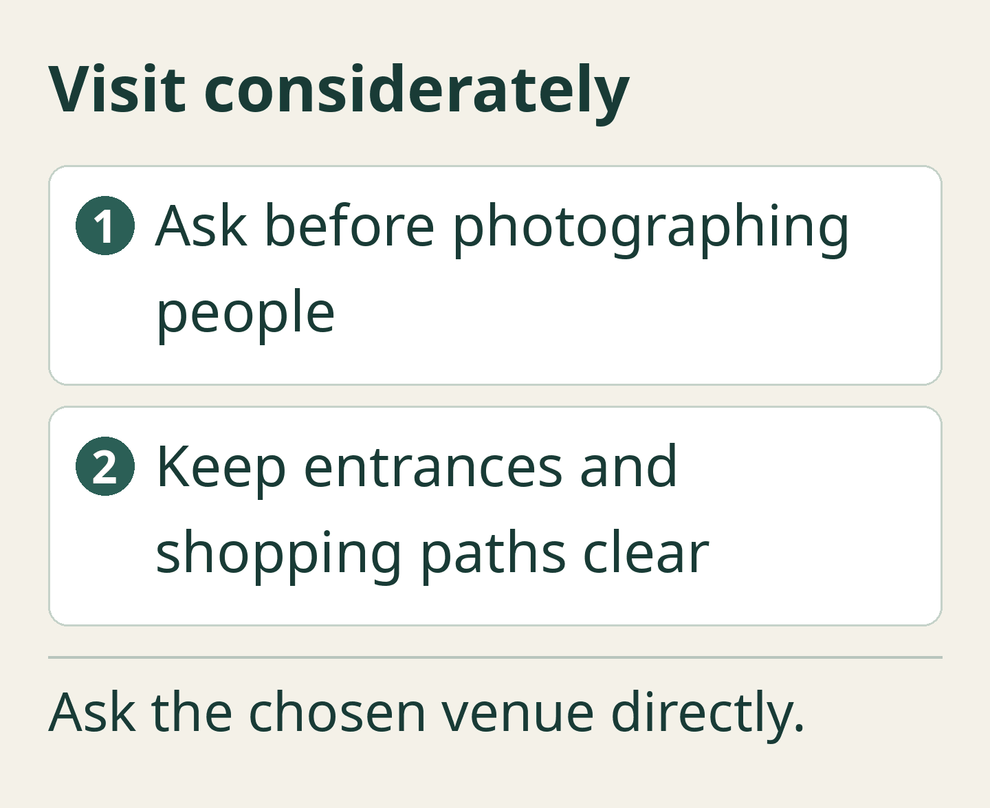 Original editorial guide card: Visit considerately