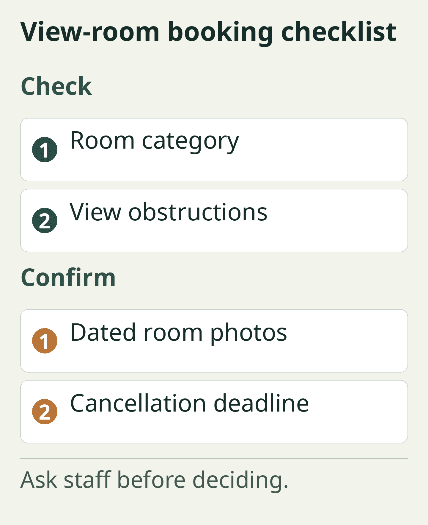 View-room booking checklist