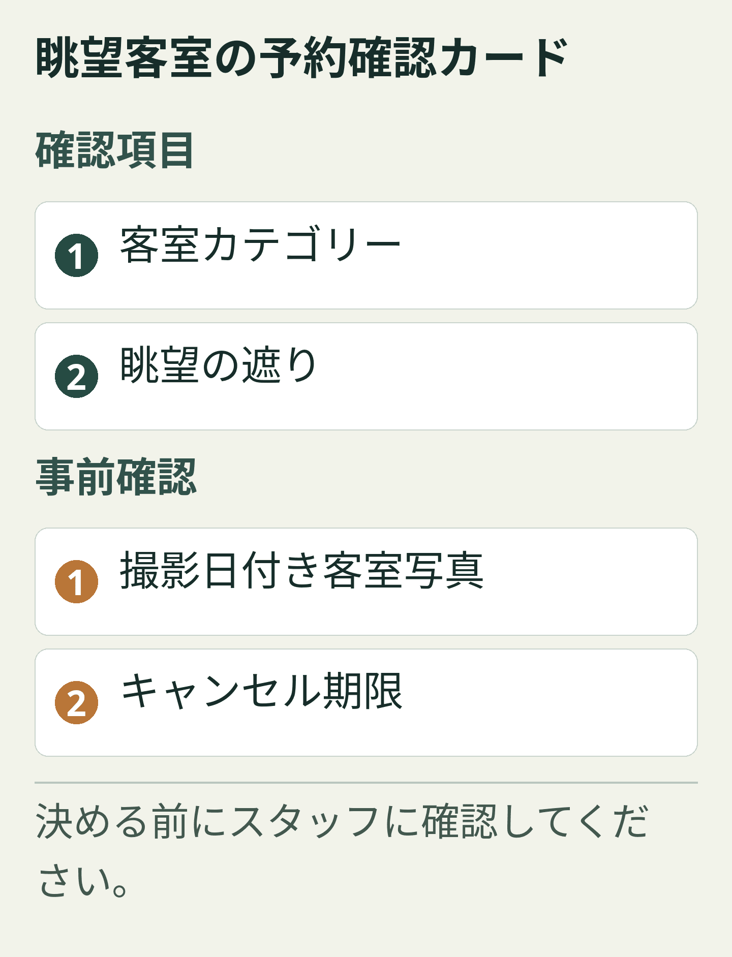 眺望客室の予約確認カード