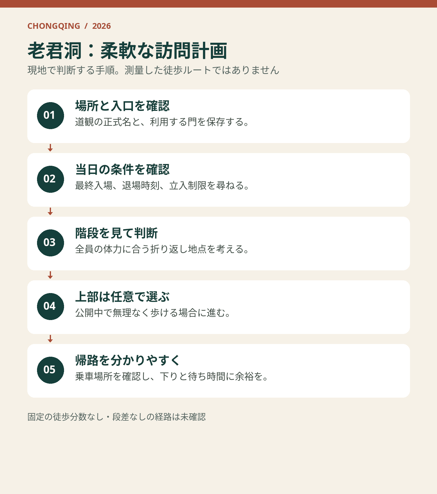 老君洞の訪問判断図:入口、時間、階段、上部、帰路