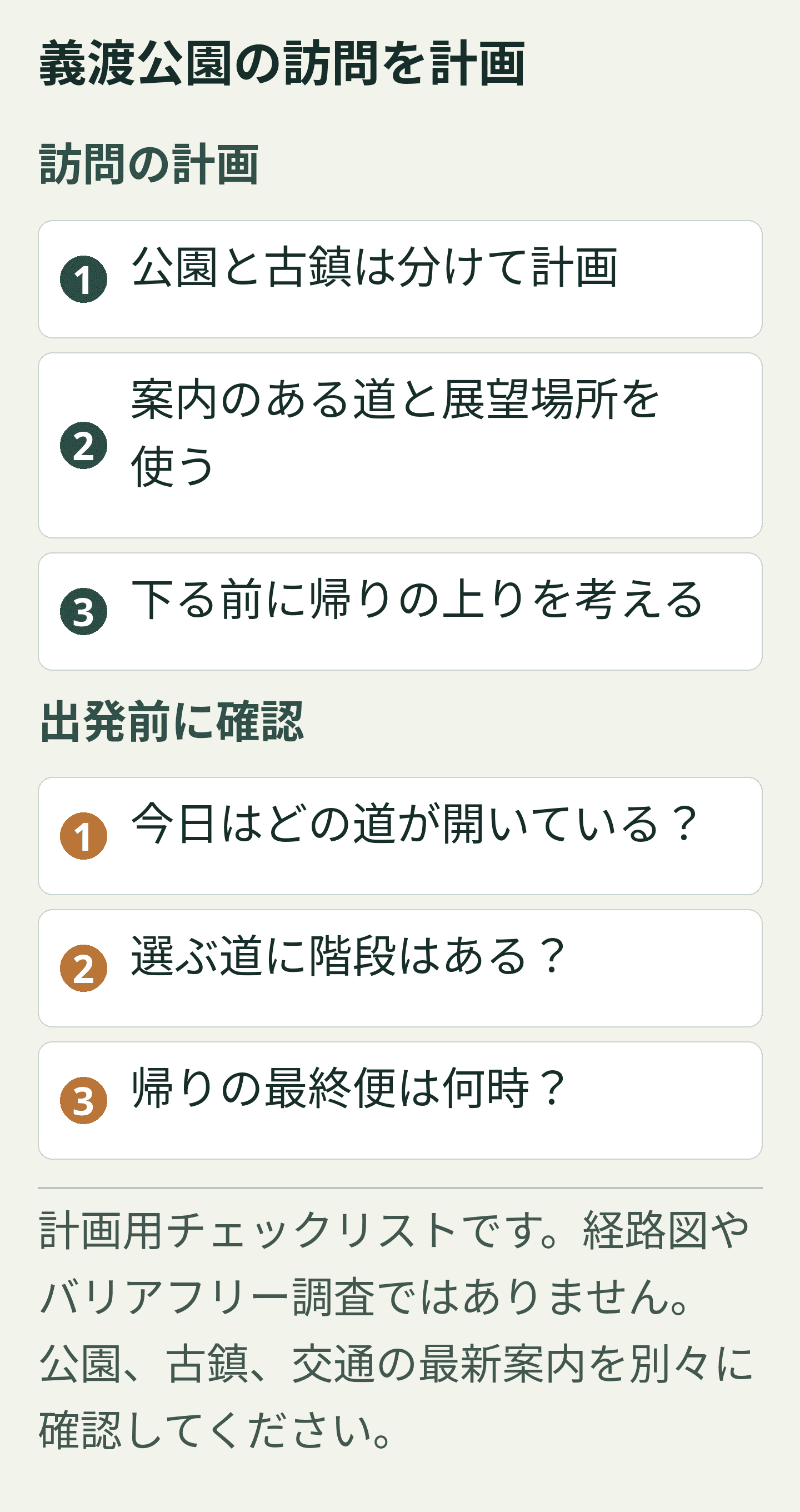 義渡公園の訪問を計画: オリジナルの訪問計画カード。すべての文言は下にも選択可能なテキストで掲載しています。