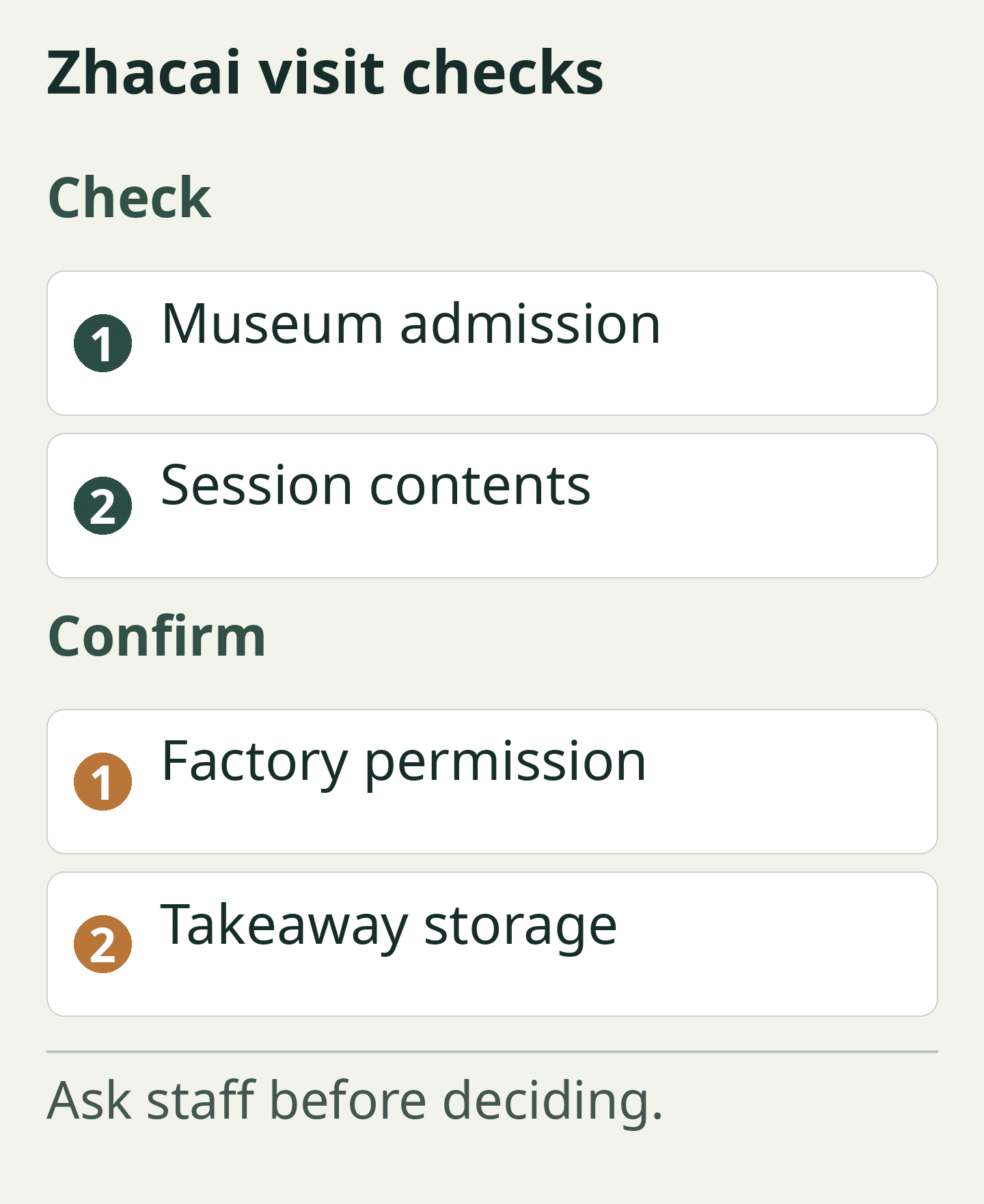 Zhacai visit checks