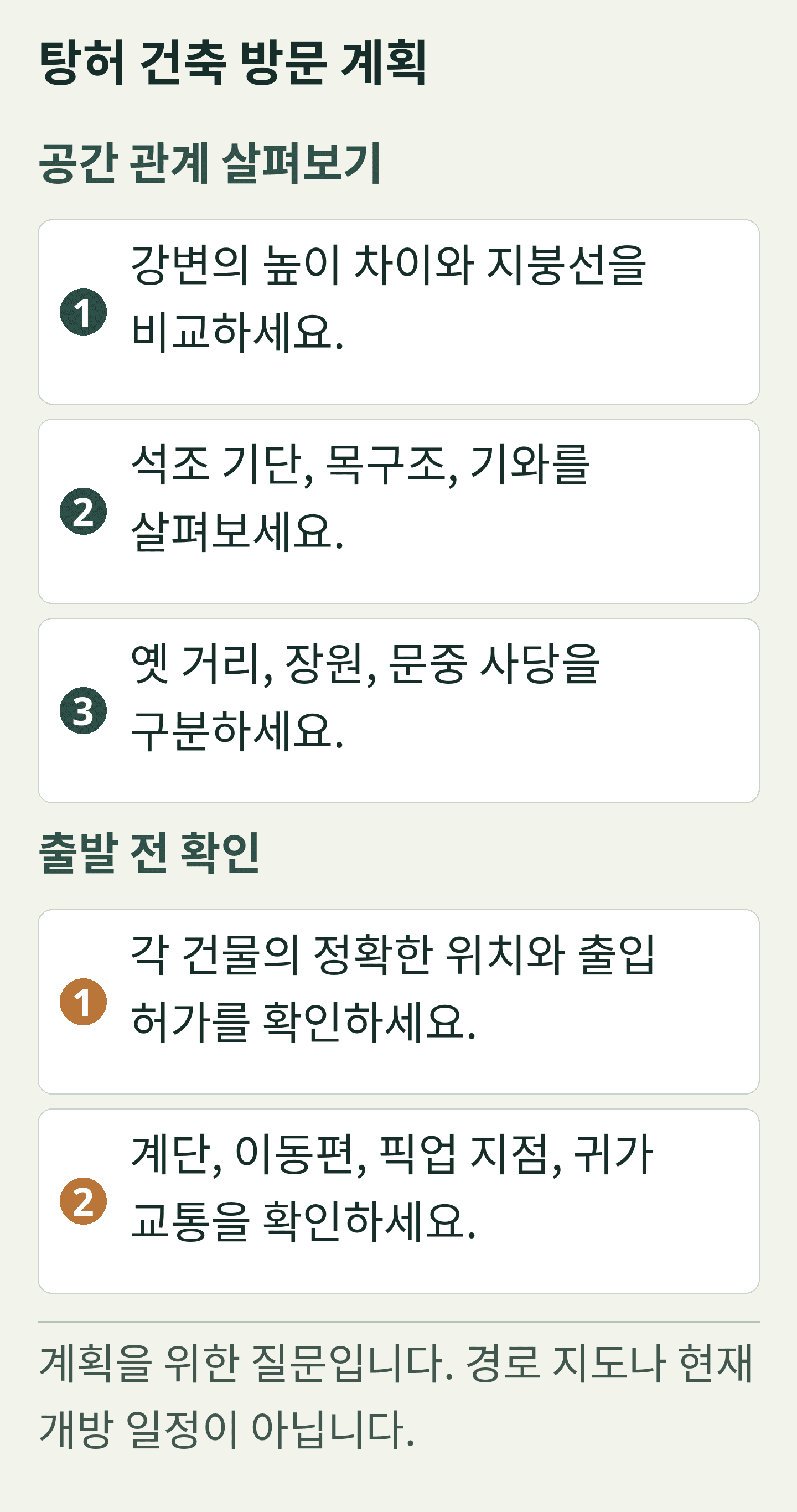탕허 건축 방문 계획. 직접 만든 계획 카드이며 모든 문구는 아래에서 선택 가능한 텍스트로도 제공됩니다.