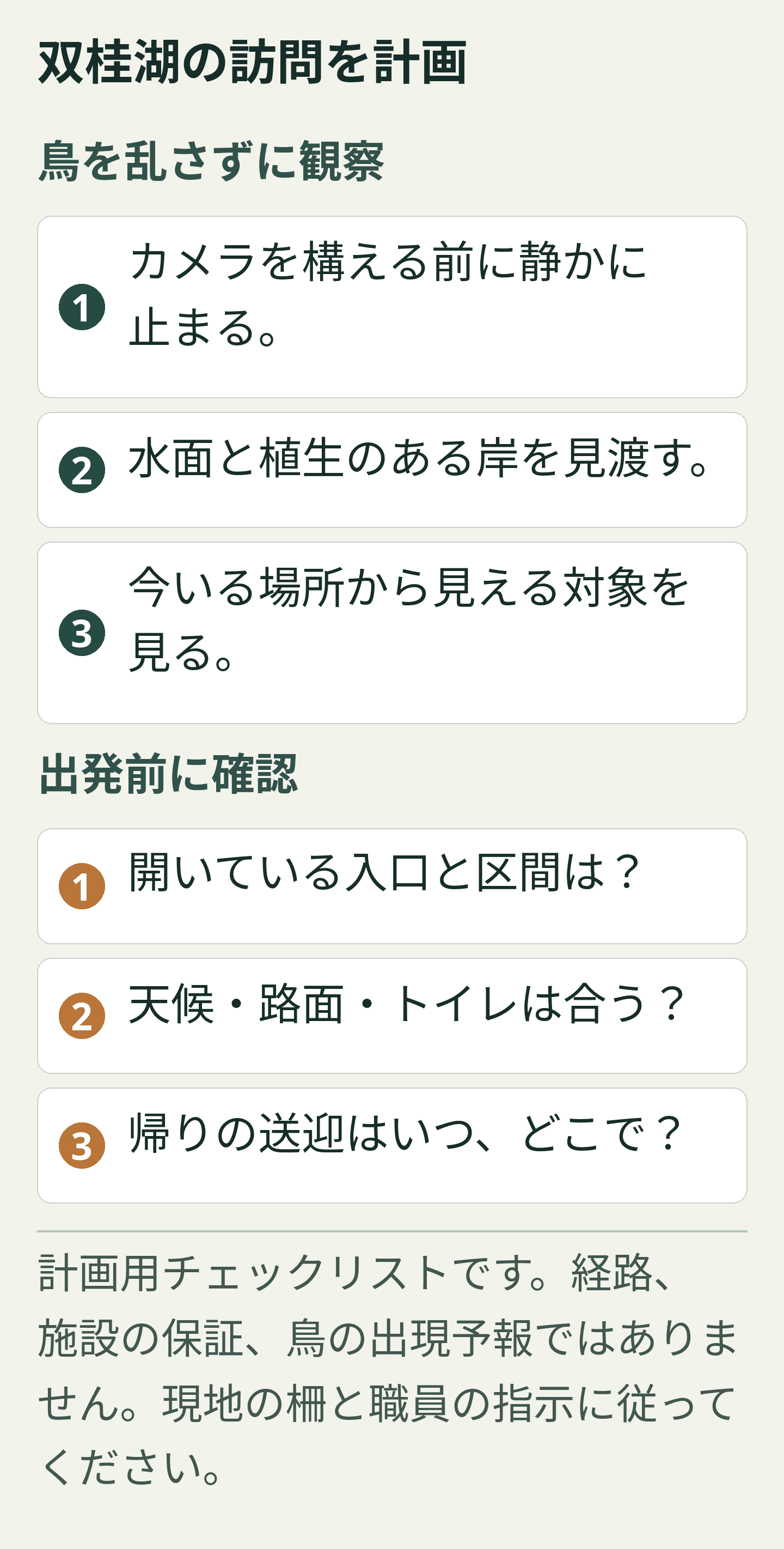 双桂湖の訪問を計画 — オリジナルの訪問計画カード。すべてのラベルは下にも選択可能なテキストで掲載しています。