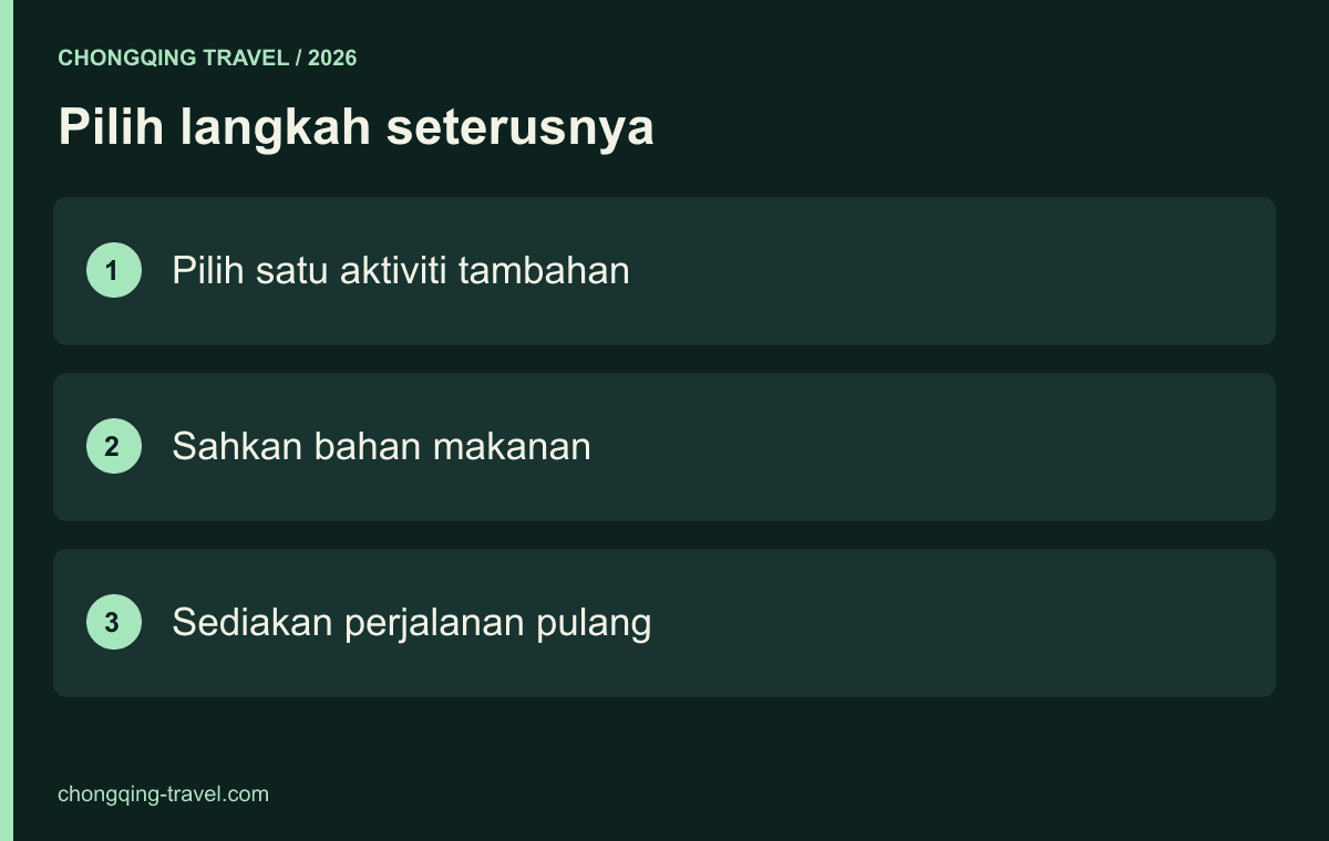 Pilih langkah seterusnya — Pilih satu aktiviti tambahan; Sahkan bahan makanan; Sediakan perjalanan pulang