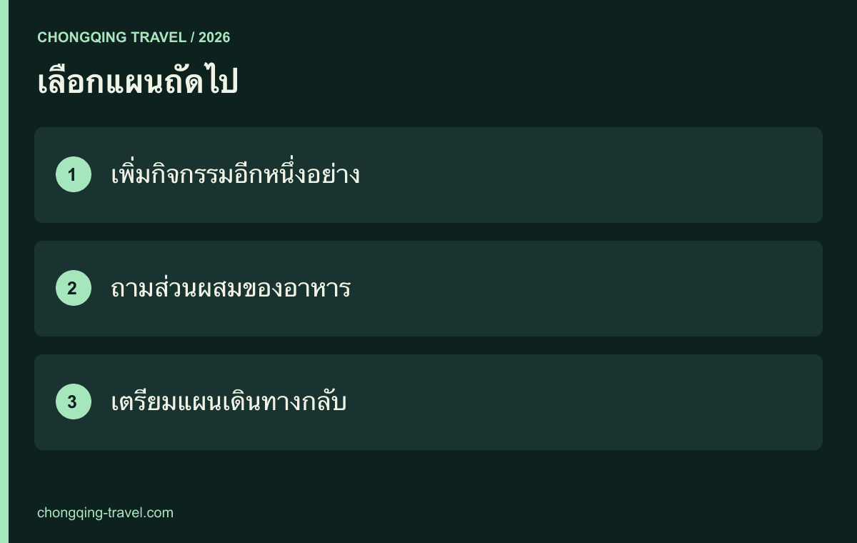 เลือกแผนถัดไป — เพิ่มกิจกรรมอีกหนึ่งอย่าง; ถามส่วนผสมของอาหาร; เตรียมแผนเดินทางกลับ
