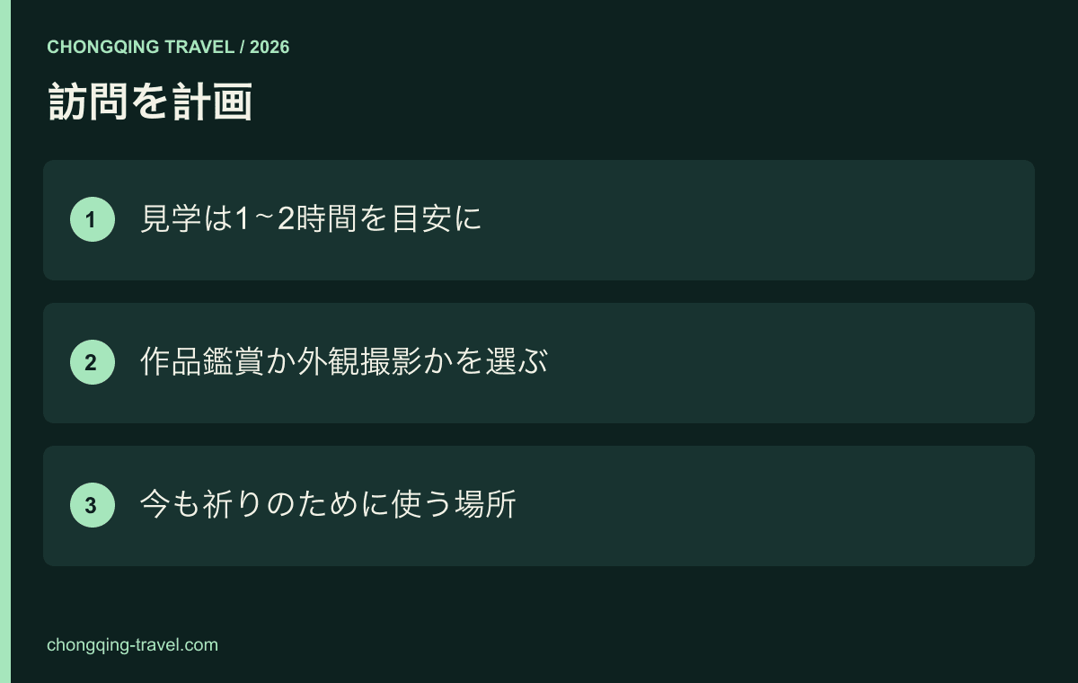訪問を計画 — 見学は1〜2時間を目安に; 作品鑑賞か外観撮影かを選ぶ; 今も祈りのために使う場所