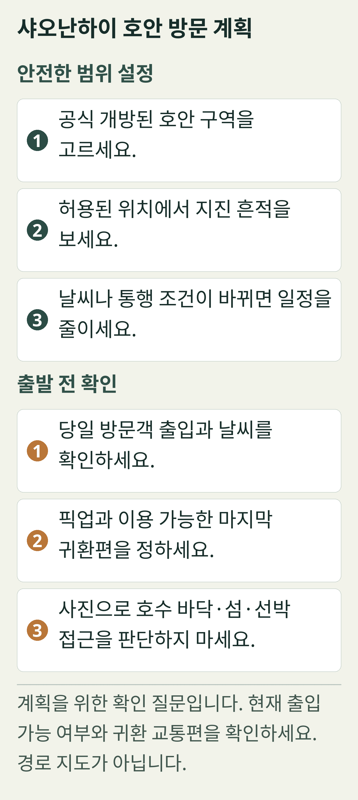 샤오난하이 호안 방문 계획. 독창적인 계획 카드입니다. 모든 문구는 아래에도 선택 가능한 텍스트로 제공됩니다. 계획을 위한 확인 질문입니다. 현재 출입 가능 여부와 귀환 교통편을 확인하세요. 경로 지도가 아닙니다.
