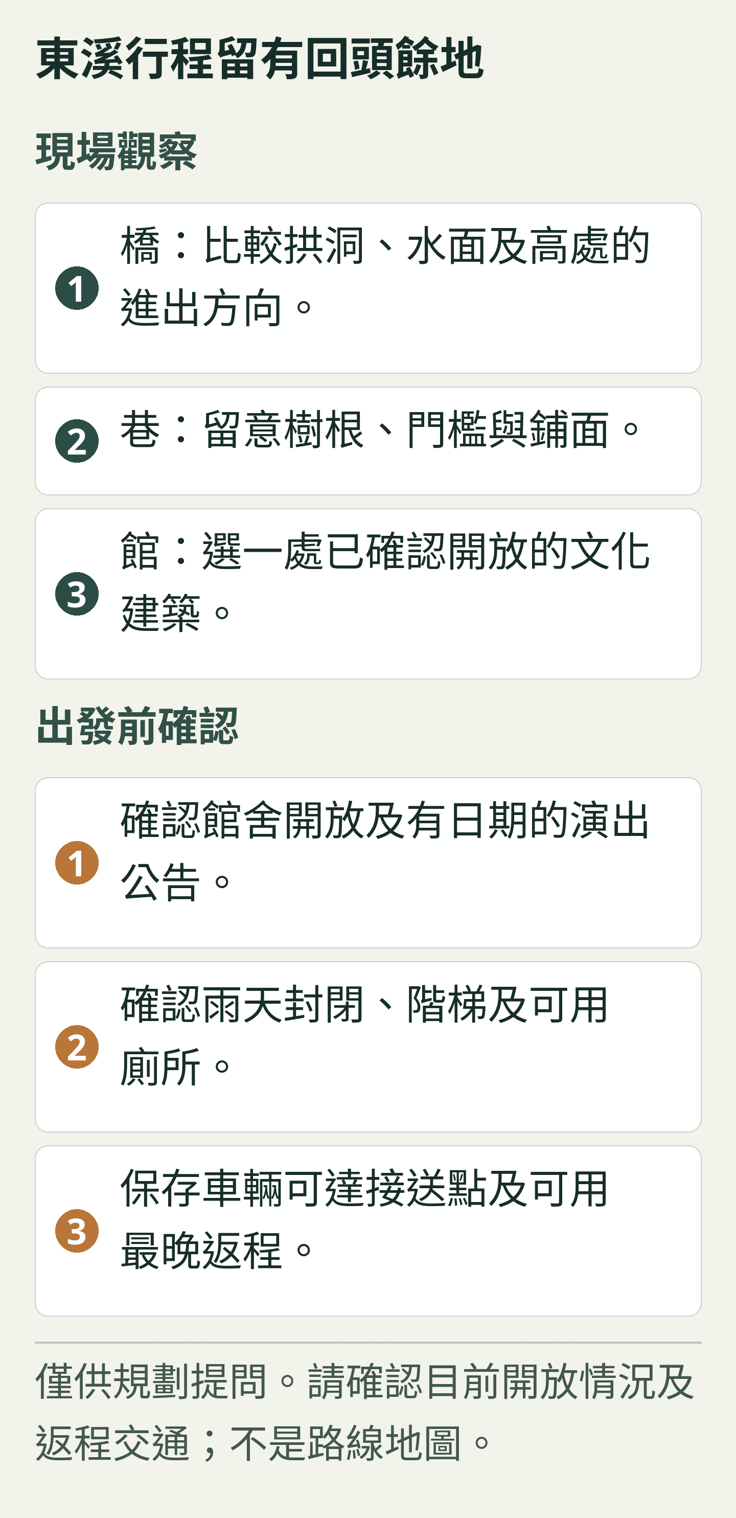 東溪行程留有回頭餘地 — 原創規劃卡;所有標籤也在下方以可選取文字重複列出。