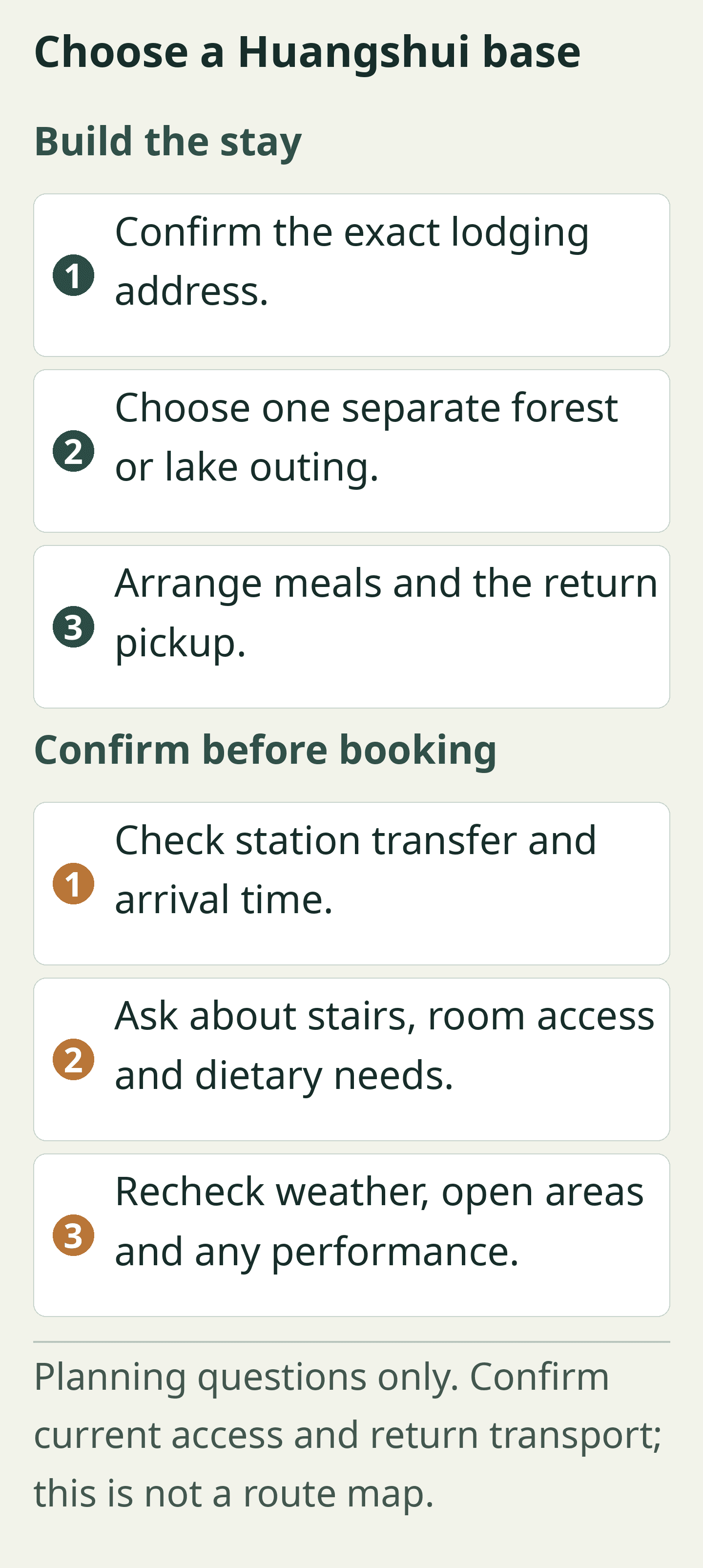 Choose a Huangshui base. Original planning card; all labels also appear as selectable text below. Planning questions only. Confirm current access and return transport; this is not a route map.