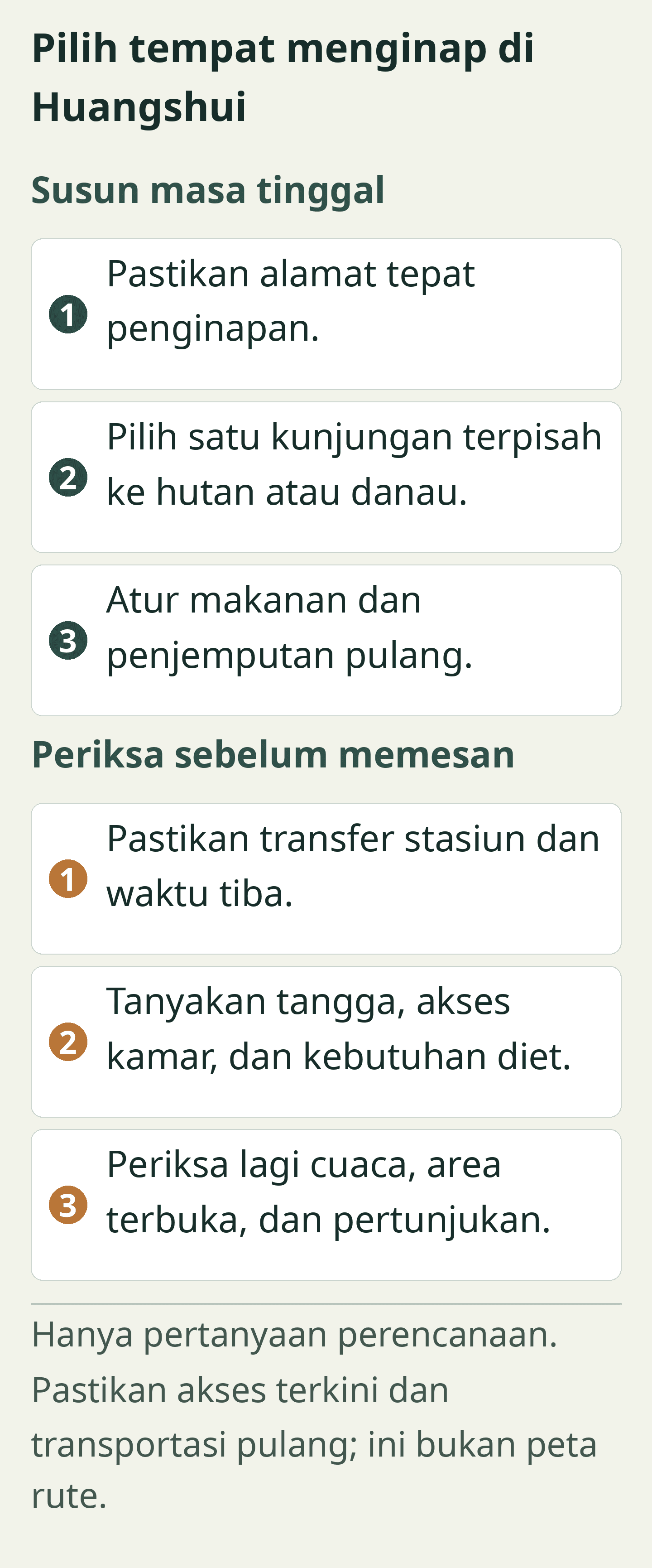 Pilih tempat menginap di Huangshui. Kartu perencanaan orisinal; seluruh label juga tersedia sebagai teks yang dapat dipilih di bawah. Hanya pertanyaan perencanaan. Pastikan akses terkini dan transportasi pulang; ini bukan peta rute.