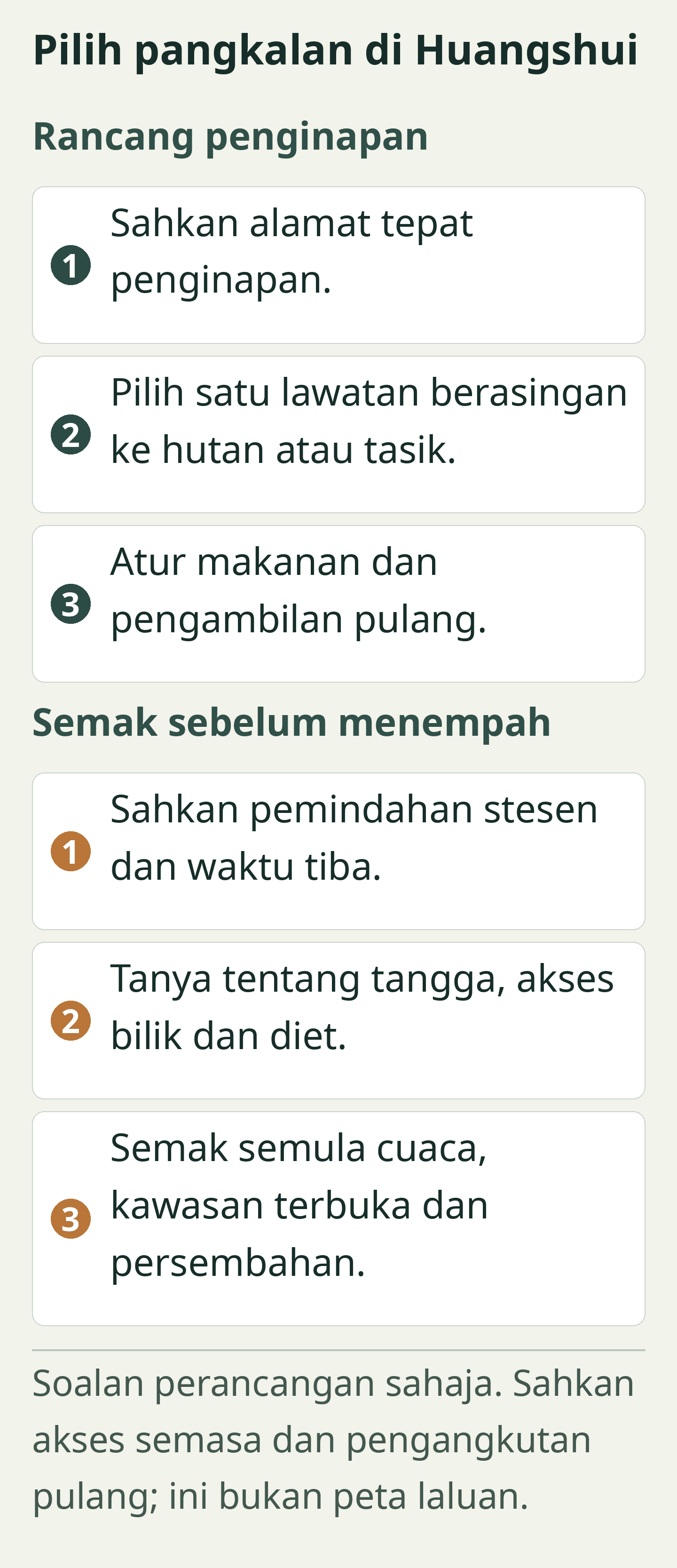 Pilih pangkalan di Huangshui. Kad perancangan asli; semua label turut tersedia sebagai teks yang boleh dipilih di bawah. Soalan perancangan sahaja. Sahkan akses semasa dan pengangkutan pulang; ini bukan peta laluan.
