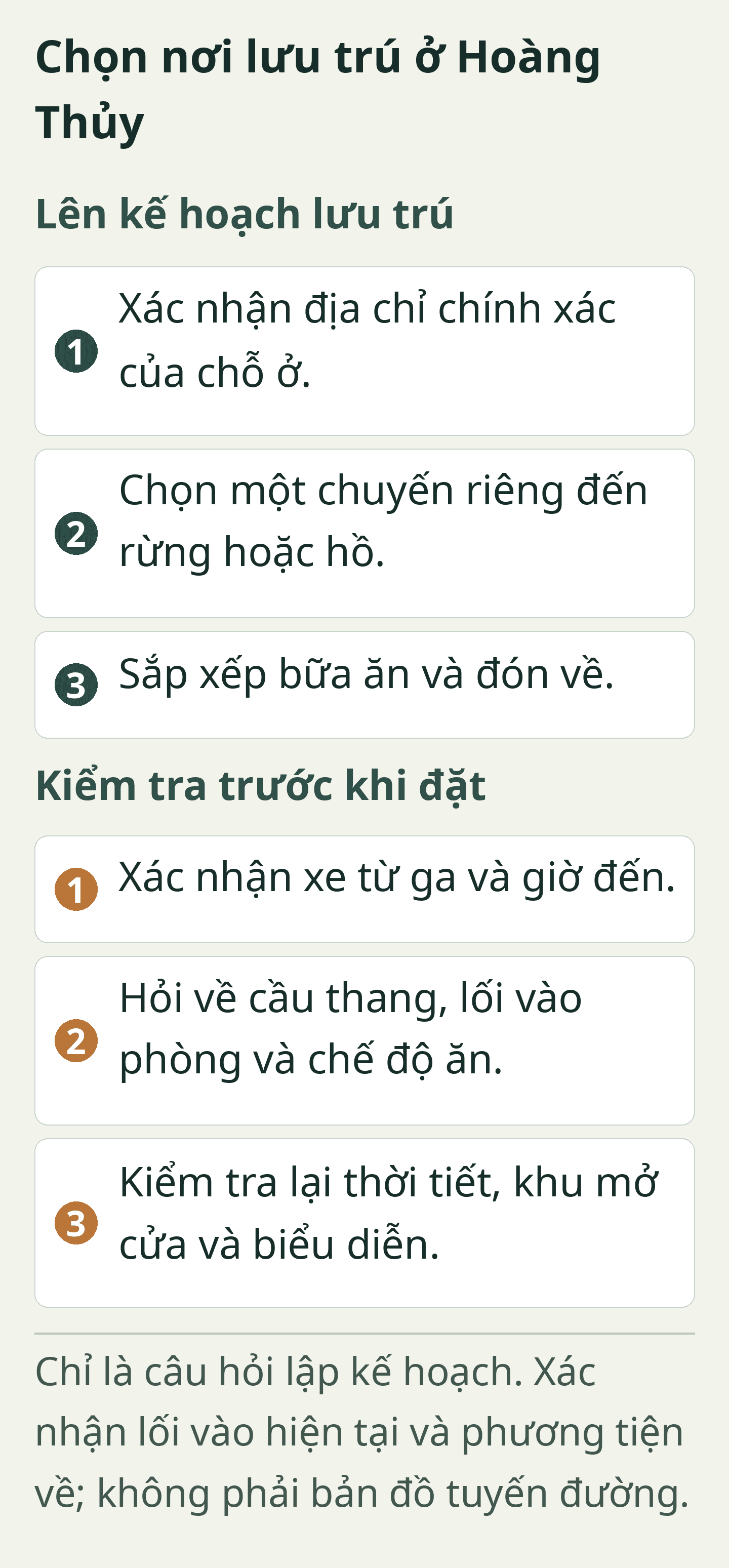 Chọn nơi lưu trú ở Hoàng Thủy. Thẻ lập kế hoạch nguyên bản; toàn bộ nhãn cũng có ở dạng văn bản có thể chọn bên dưới. Chỉ là câu hỏi lập kế hoạch. Xác nhận lối vào hiện tại và phương tiện về; không phải bản đồ tuyến đường.
