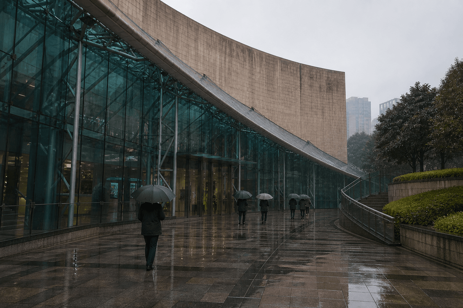 博物館玻璃外牆旁的雨天進入路段,帶有濕地面與雨傘