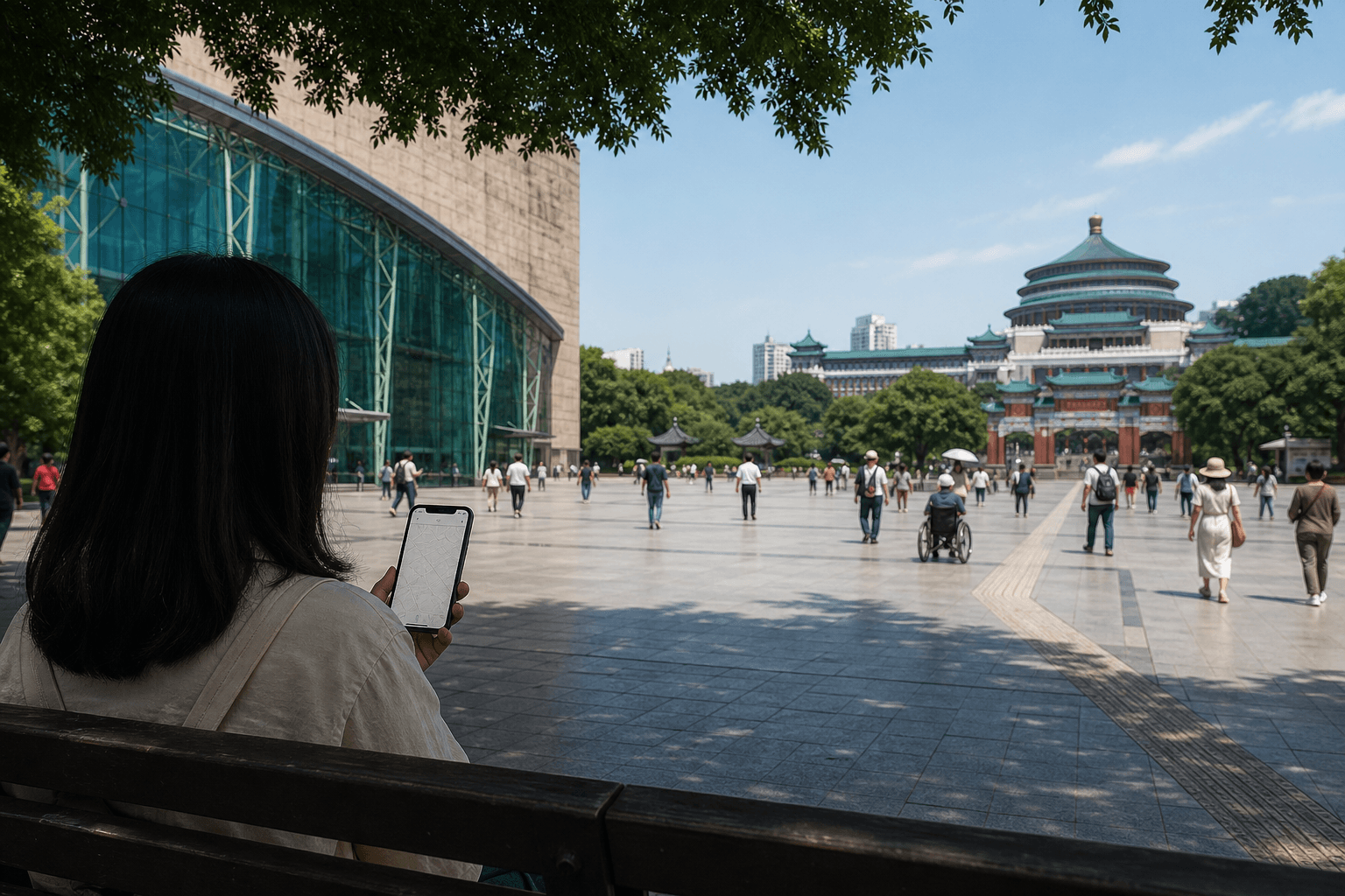 旅客在博物館與大禮堂之間的蔭涼長椅上查看手機地圖