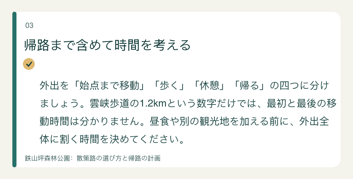 帰路まで含めて時間を考える — 外出を「始点まで移動」「歩く」「休憩」「帰る」の四つに分けましょう。雲峡歩道の1.2kmという数字だけでは、最初と最後の移動時間は分かりません。昼食や別の観光地を加える前に、外出全体に割く時間を決めてください。