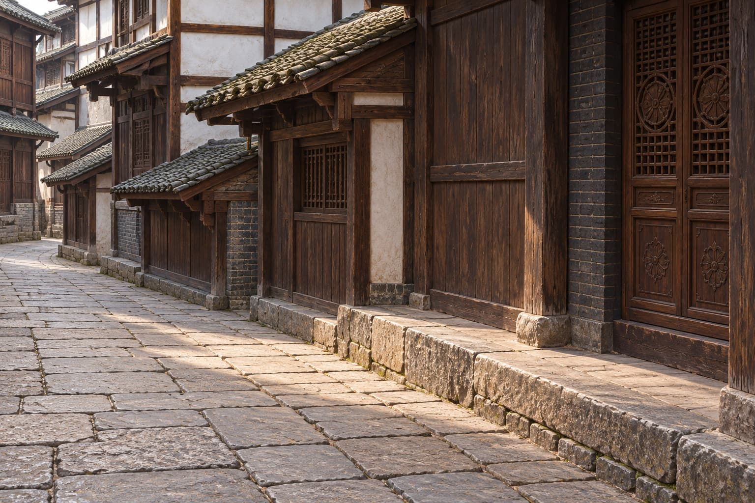 AI illustration based on a historical photograph. Anju stone paving and raised thresholds beside timber and plaster buildings; the street name and current public passage are unverified.