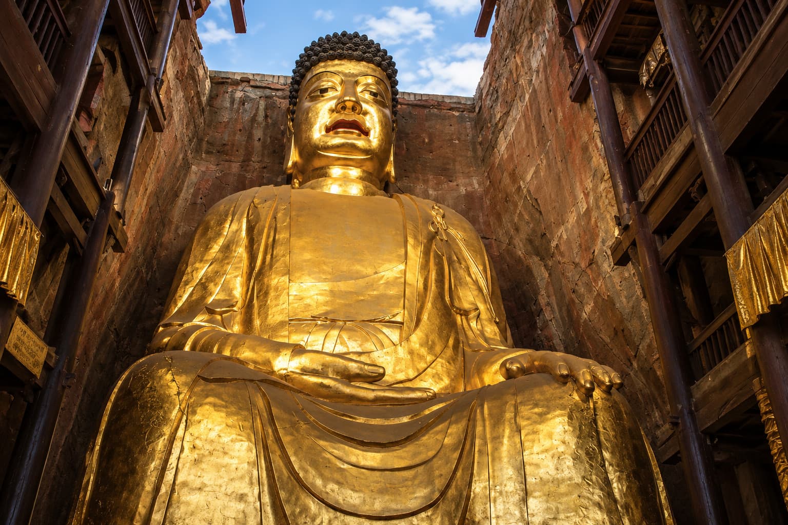 ภาพประกอบ AI ที่อ้างอิงภาพถ่ายในอดีต พระพุทธรูปนั่งแกะสลักหน้าผาภายในอาคารที่ปกคลุม โดยไม่ระบุพระนามที่ยังมีข้อขัดแย้ง