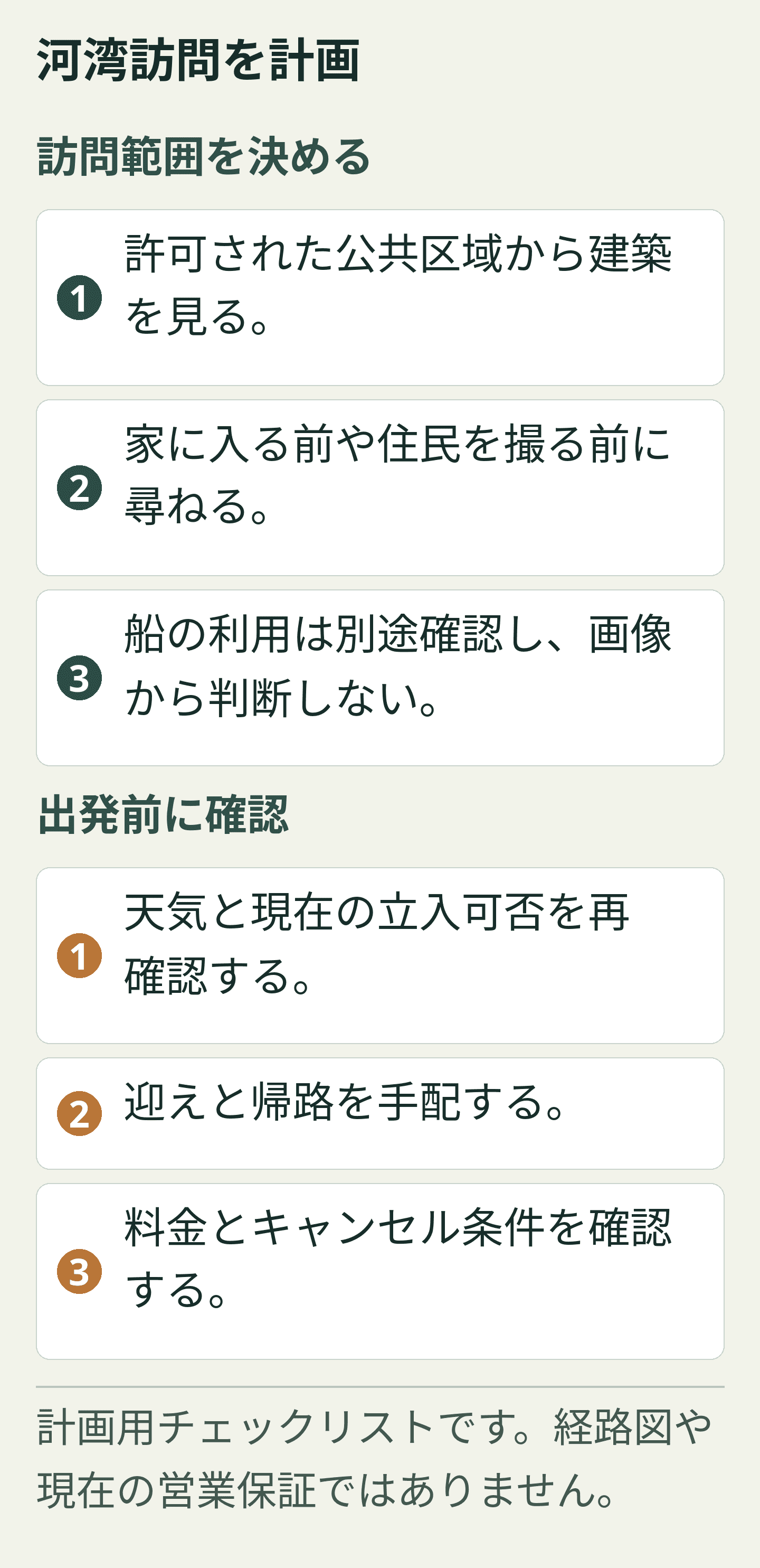河湾訪問を計画. 計画用チェックリストです。経路図や現在の営業保証ではありません。